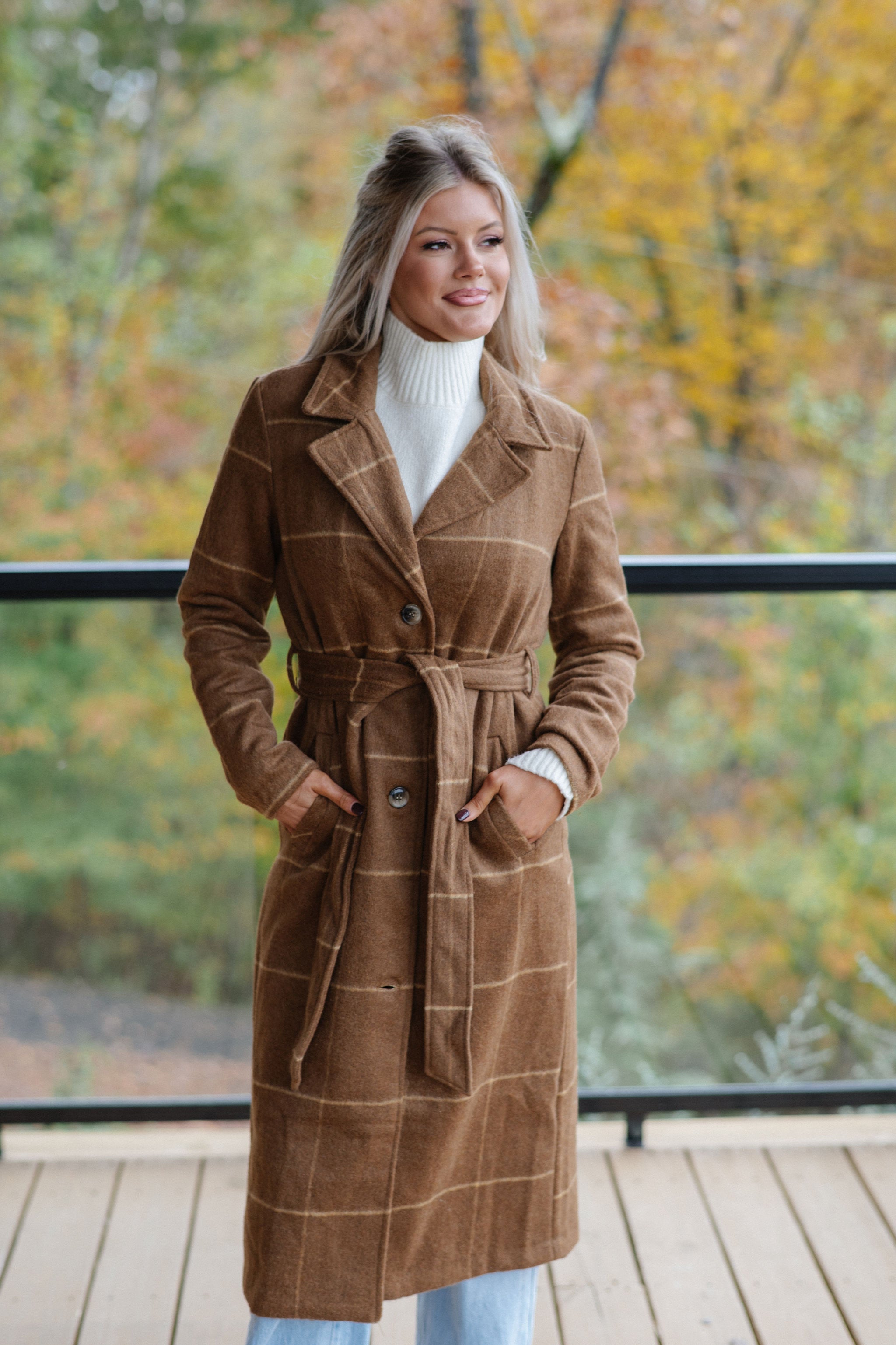 Belted Grid Overcoat-Camel