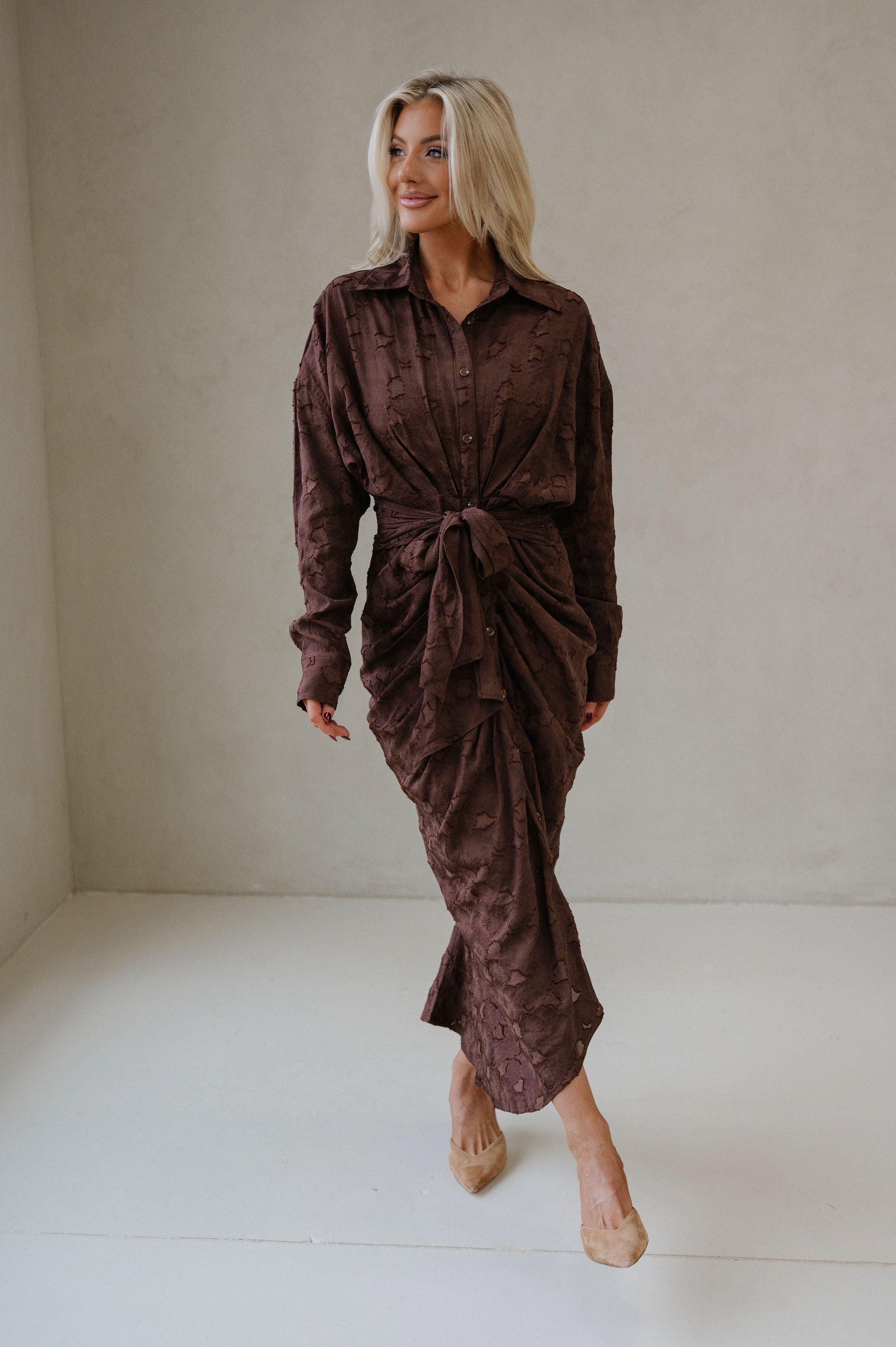 Lucy Jacquard Midi Dress-Chocolate Brown