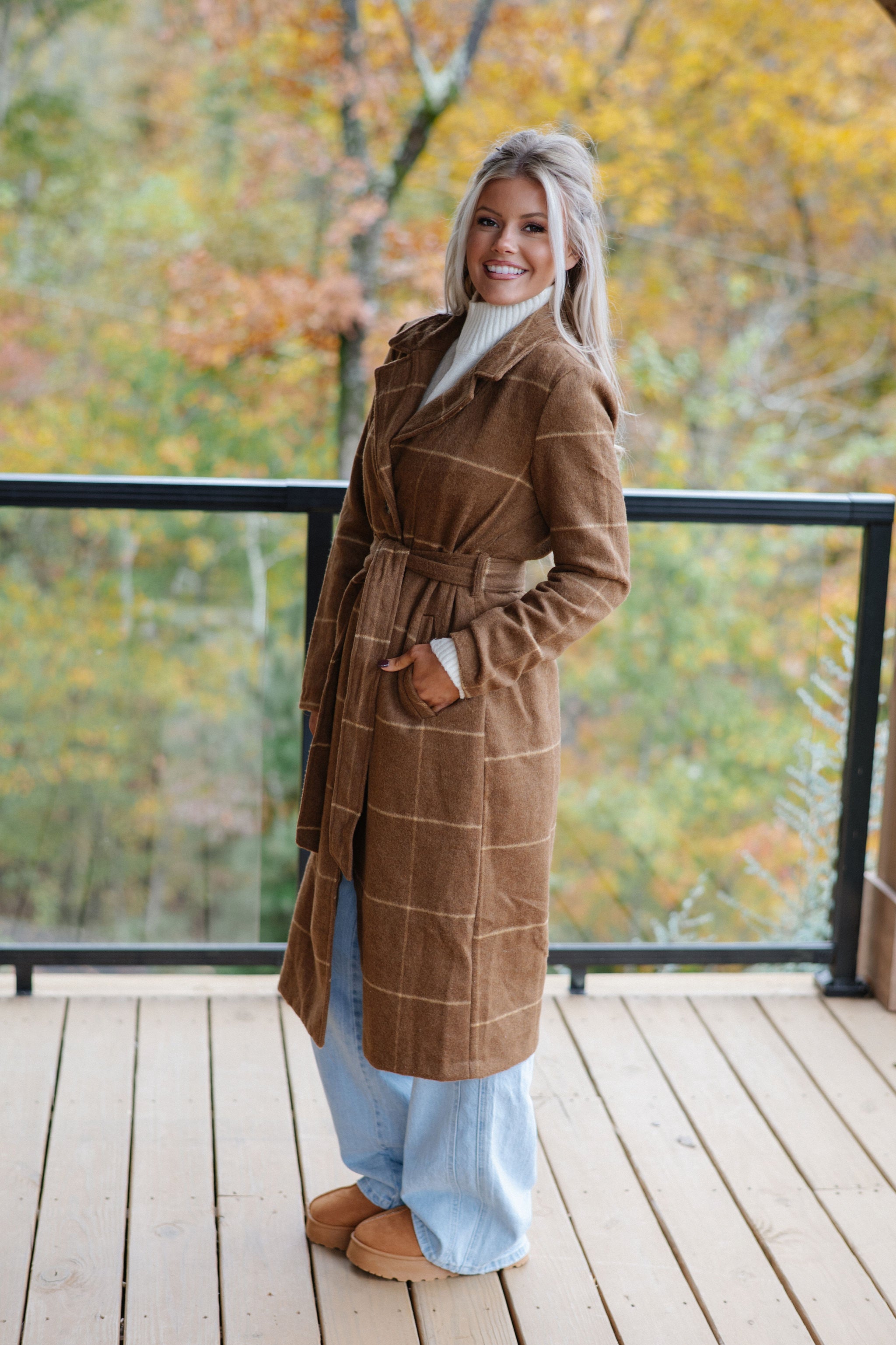 Belted Grid Overcoat-Camel