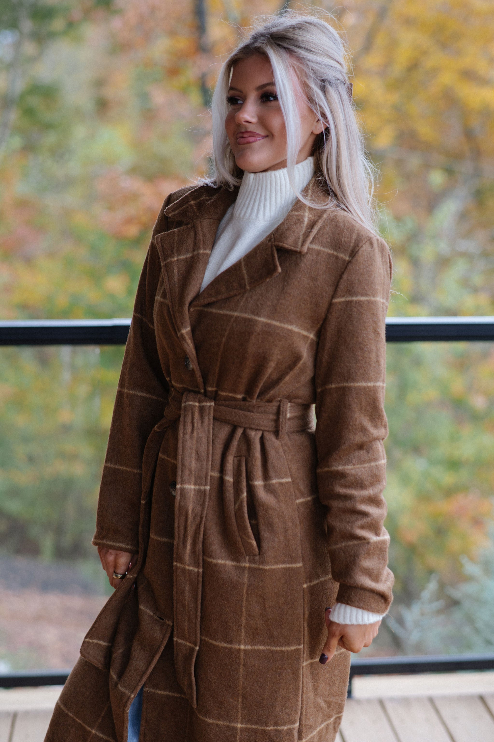 Belted Grid Overcoat-Camel