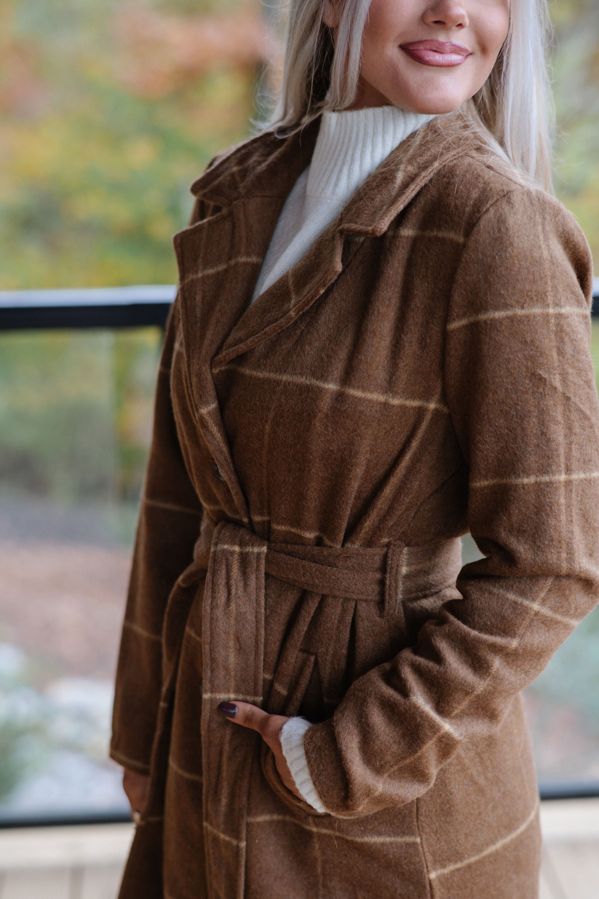 Belted Grid Overcoat-Camel