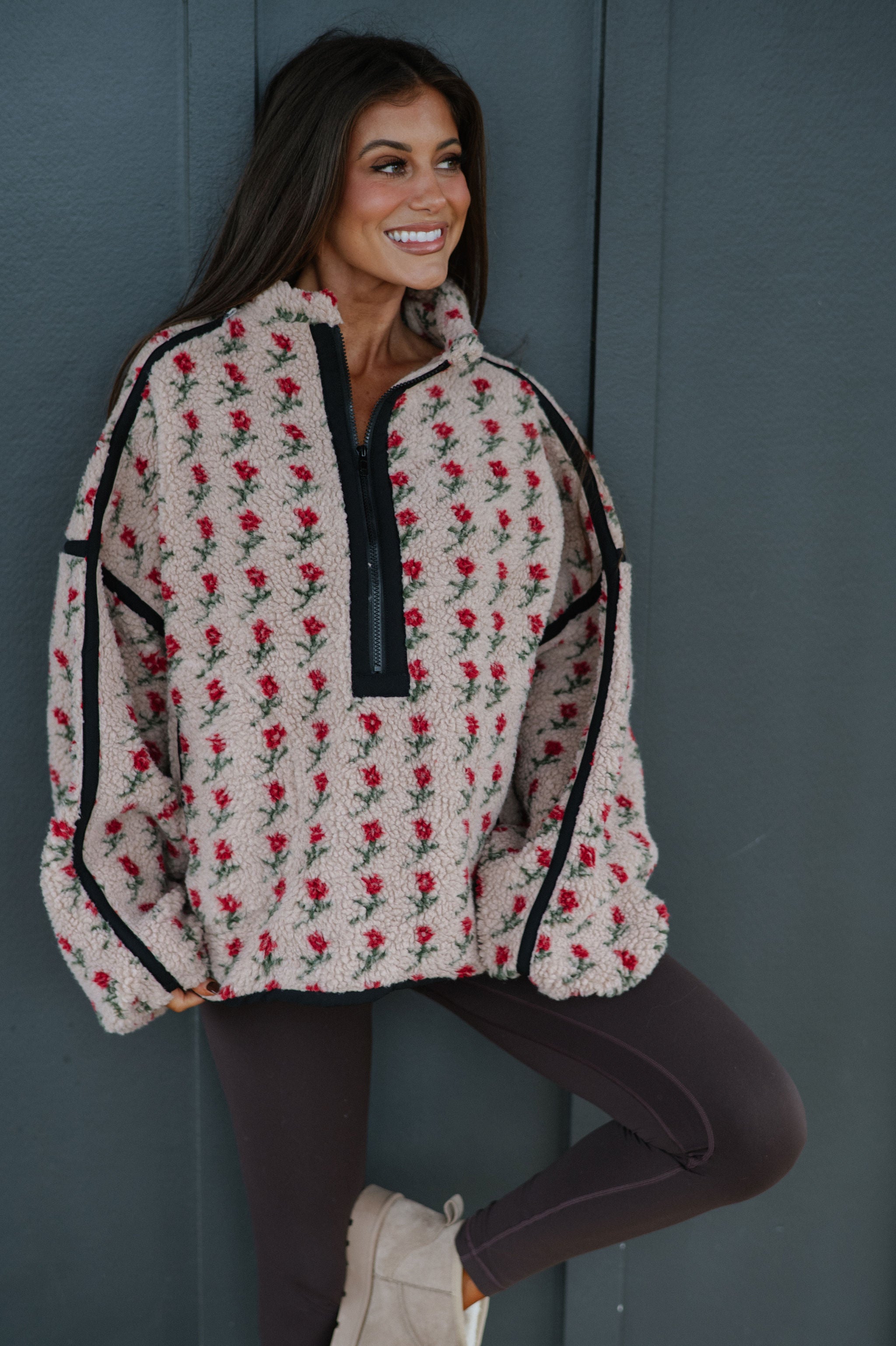 Floral Fleece Half-Zip Pullover-Sand