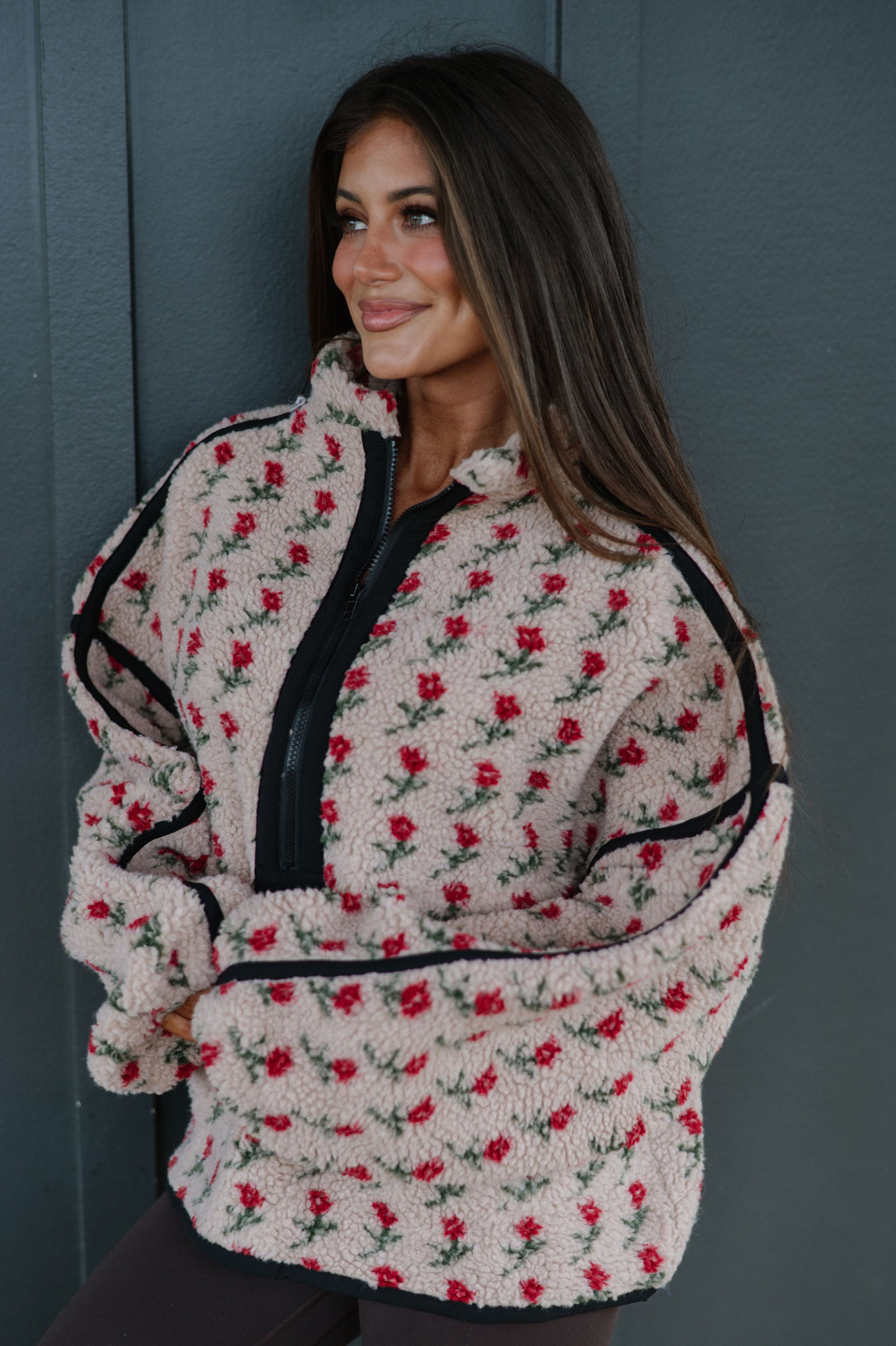 Floral Fleece Half-Zip Pullover-Sand