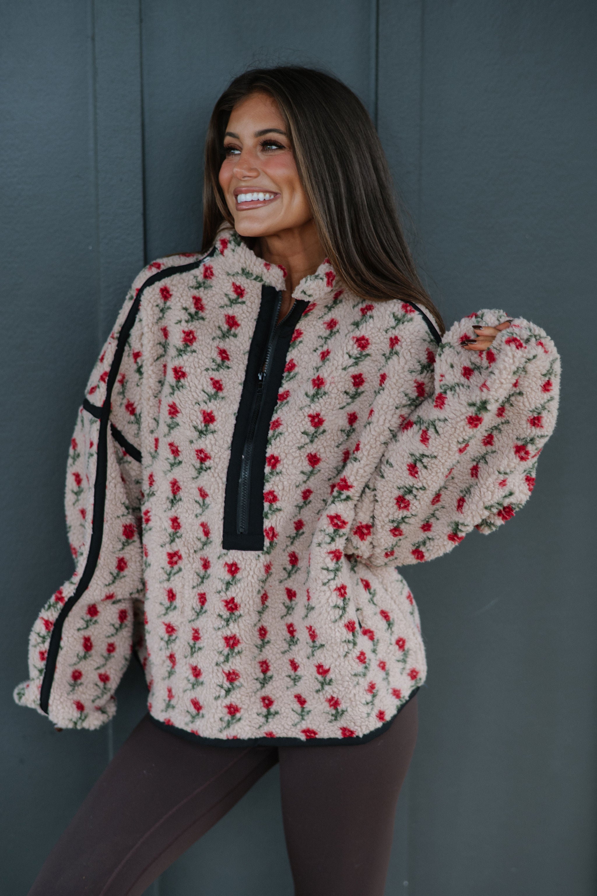 Floral Fleece Half-Zip Pullover-Sand