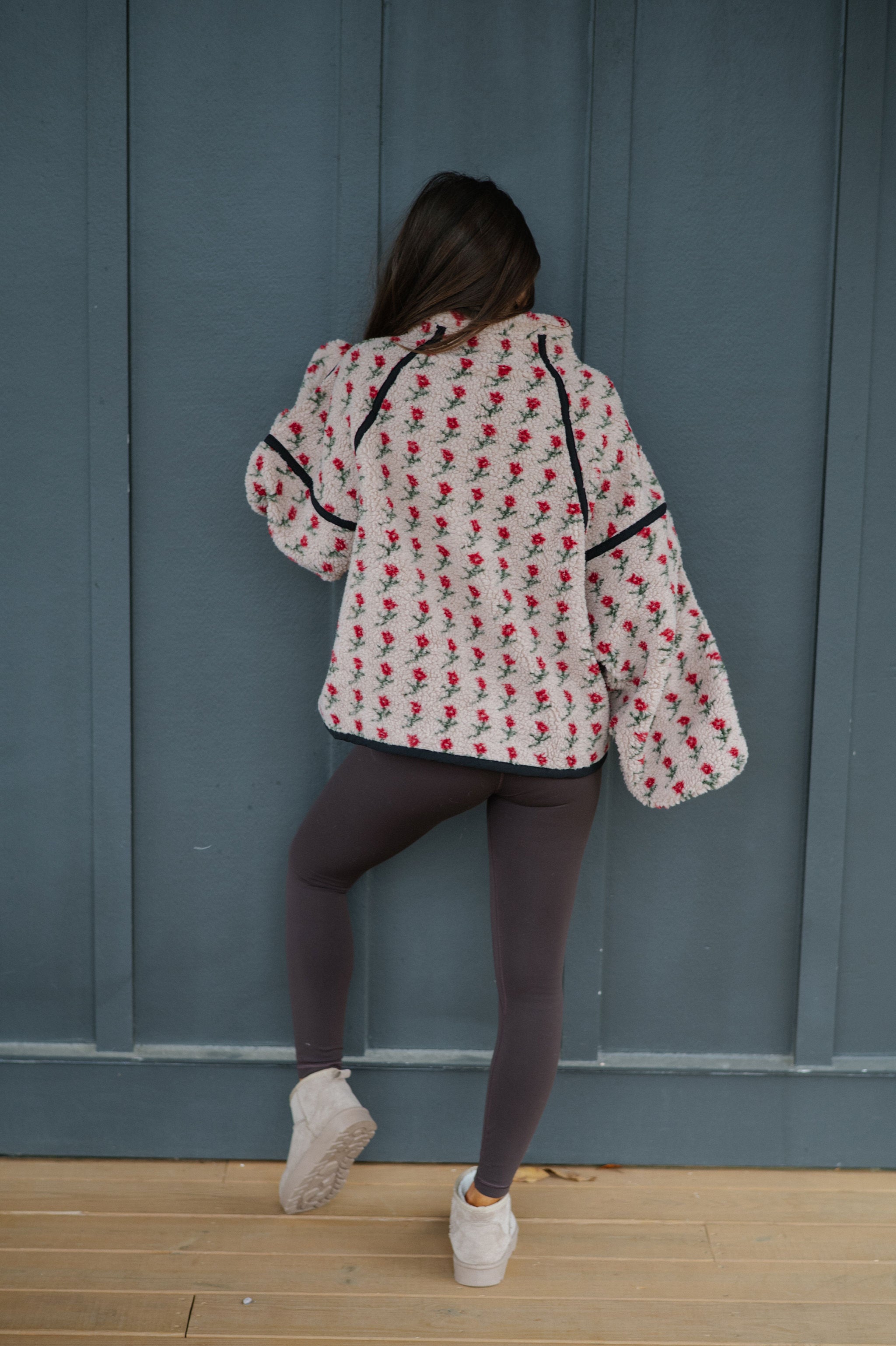 Floral Fleece Half-Zip Pullover-Sand