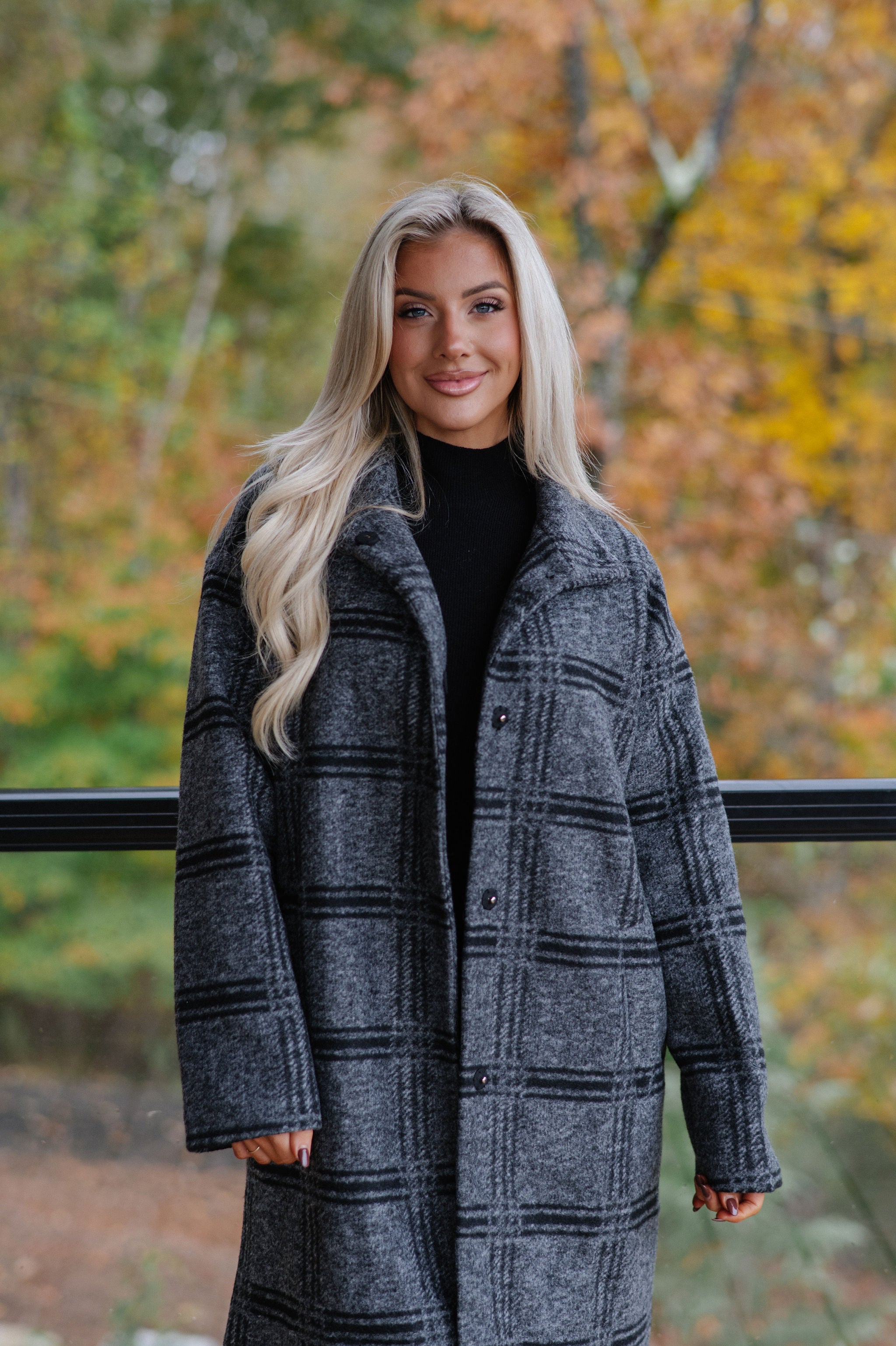 Checkered Stand Collar Coat-Grey/Black