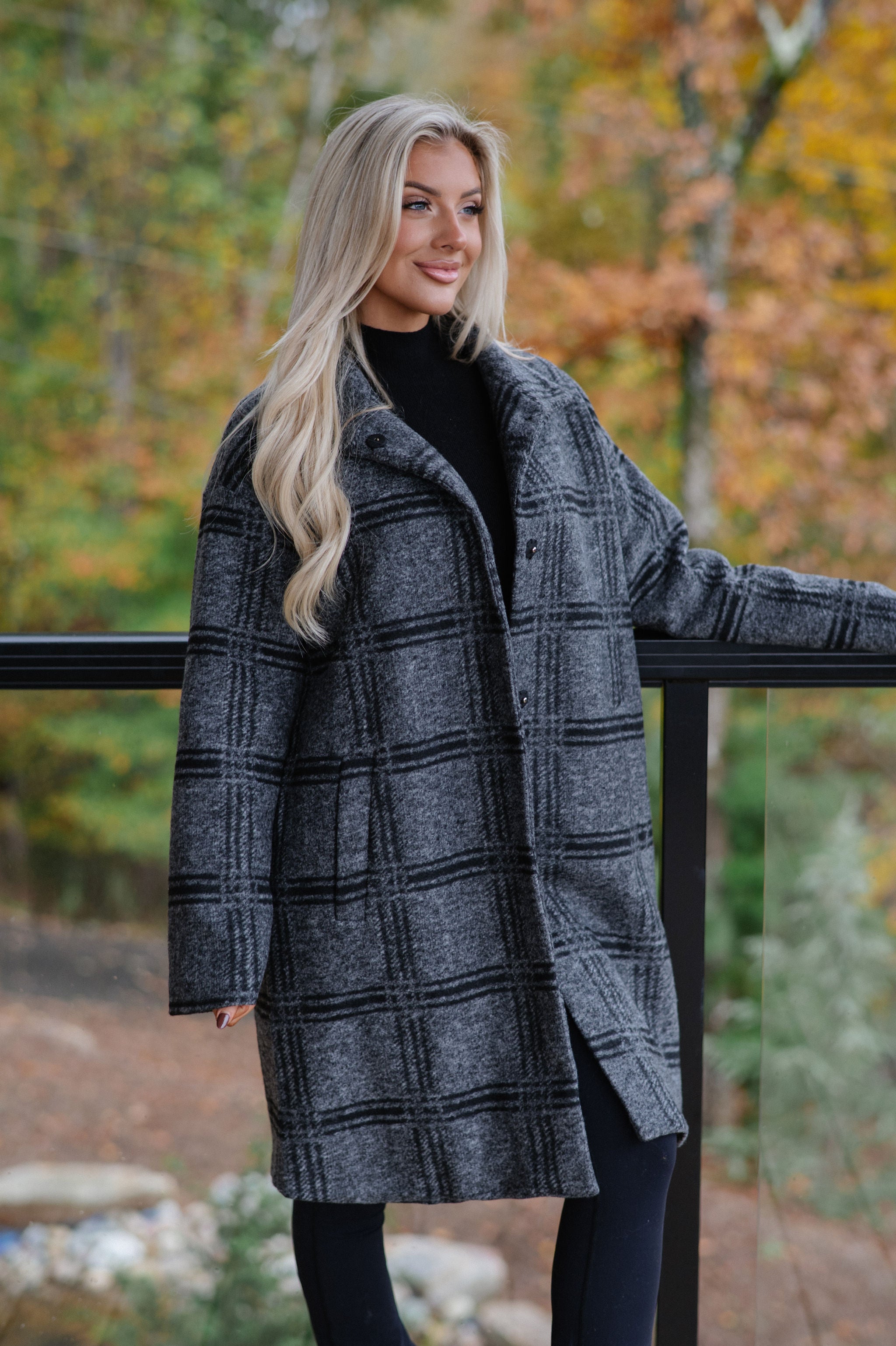 Checkered Stand Collar Coat-Grey/Black