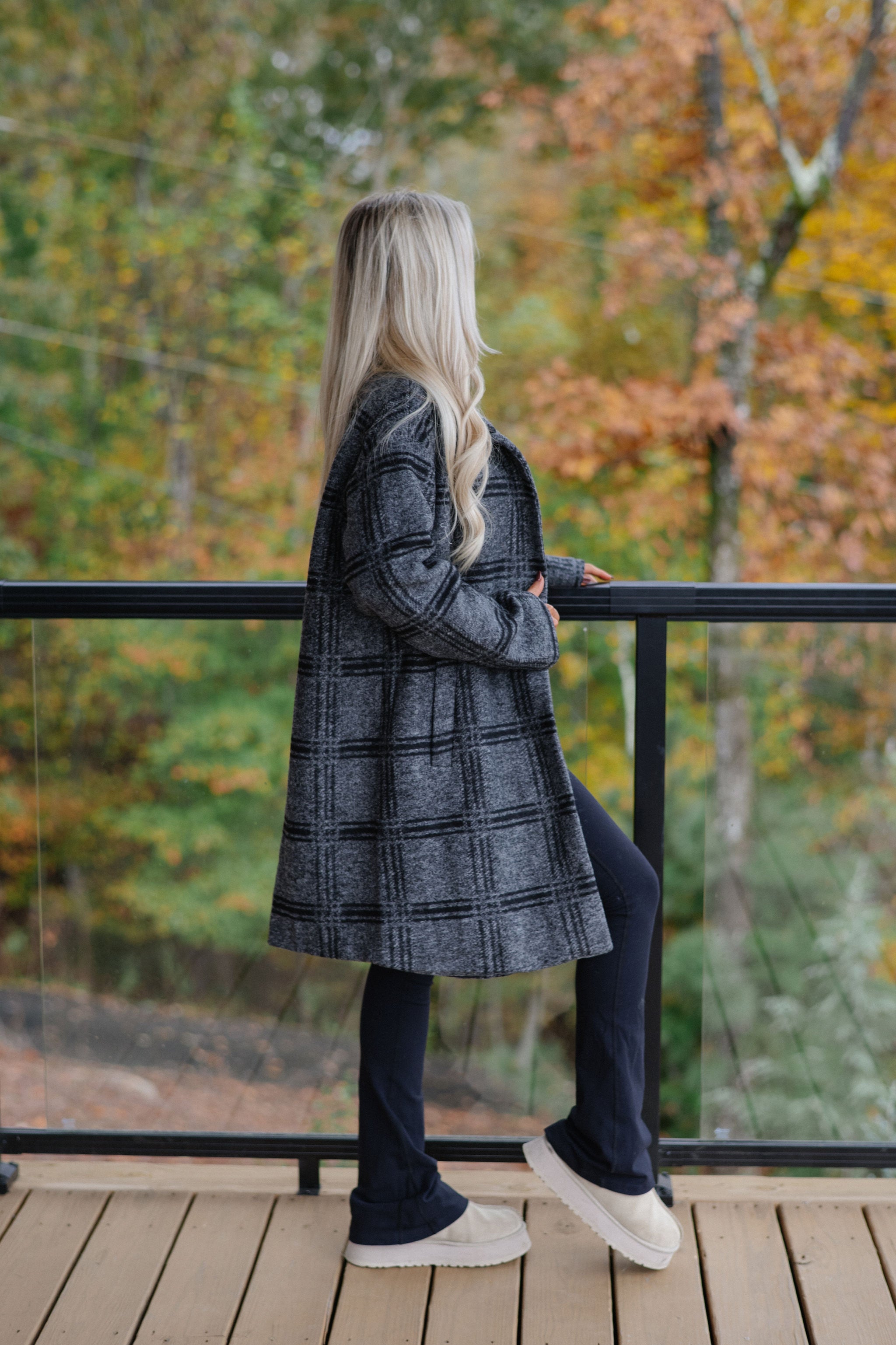 Checkered Stand Collar Coat-Grey/Black