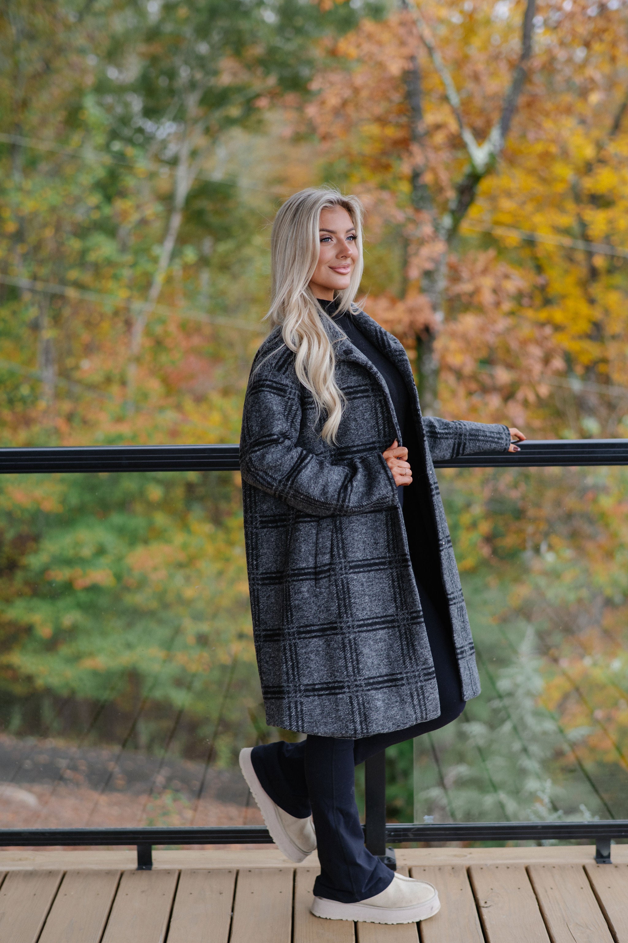 Checkered Stand Collar Coat-Grey/Black