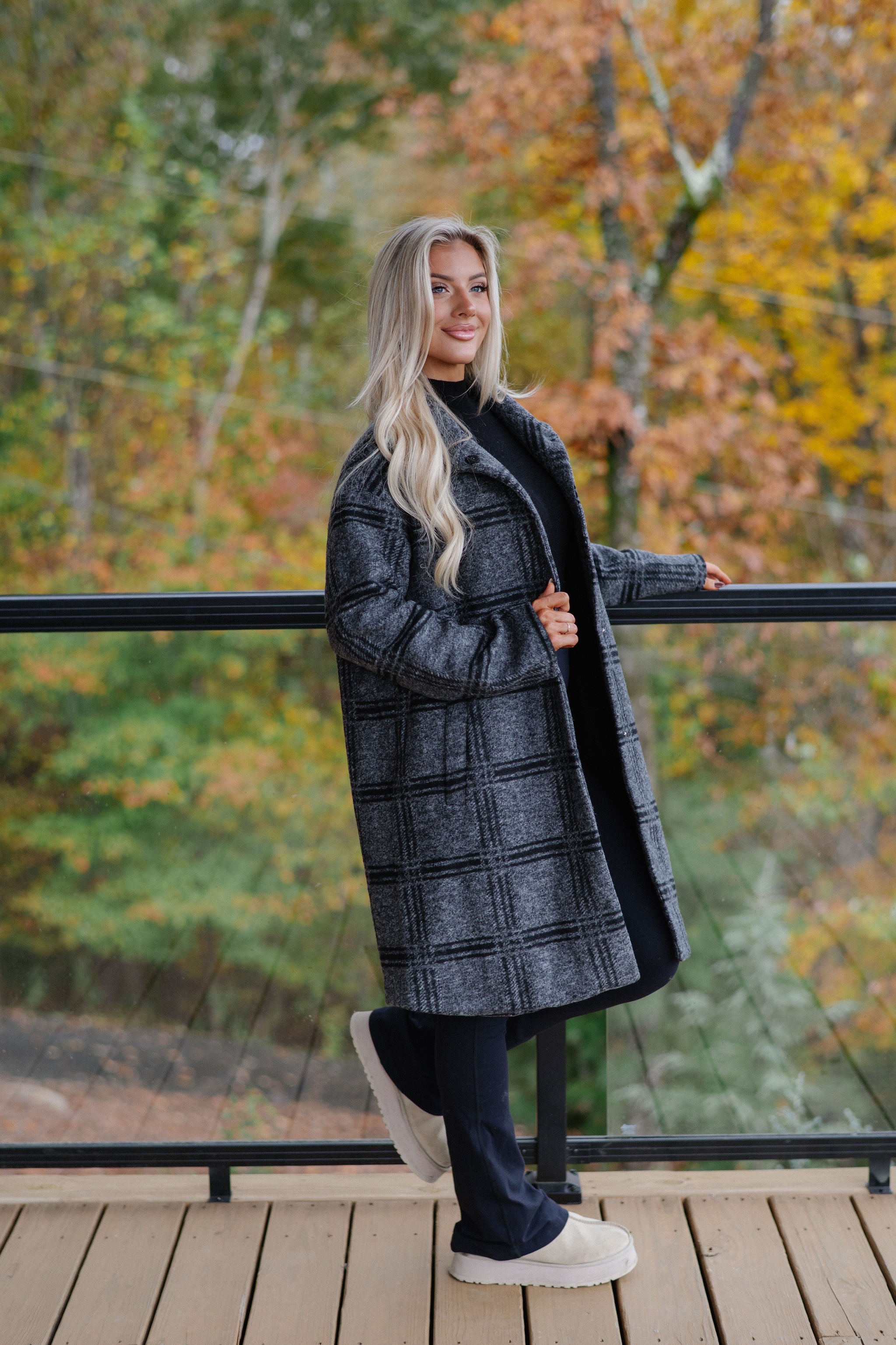Checkered Stand Collar Coat-Grey/Black