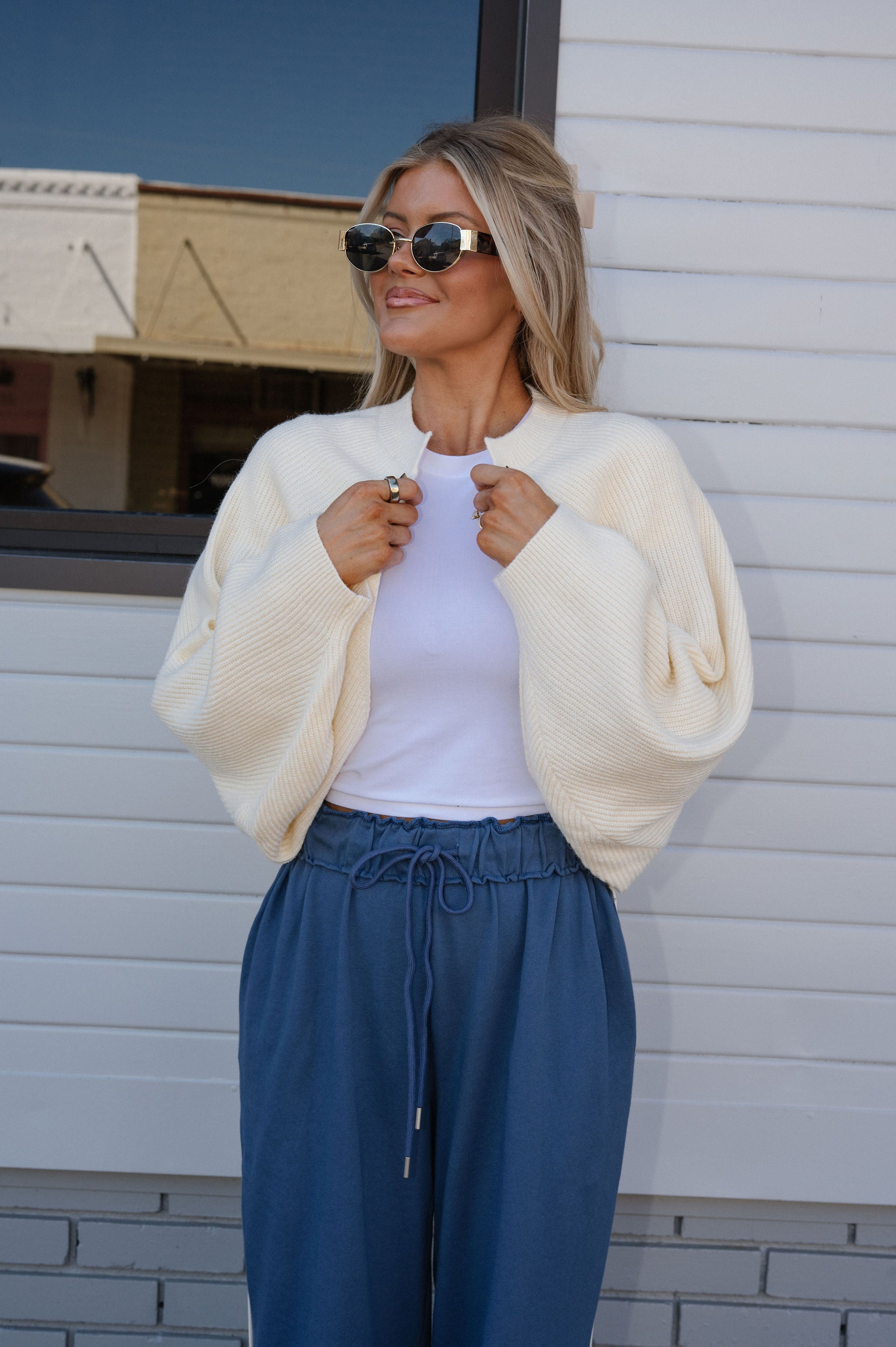Knit Drop Shoulder Cardigan-Cream
