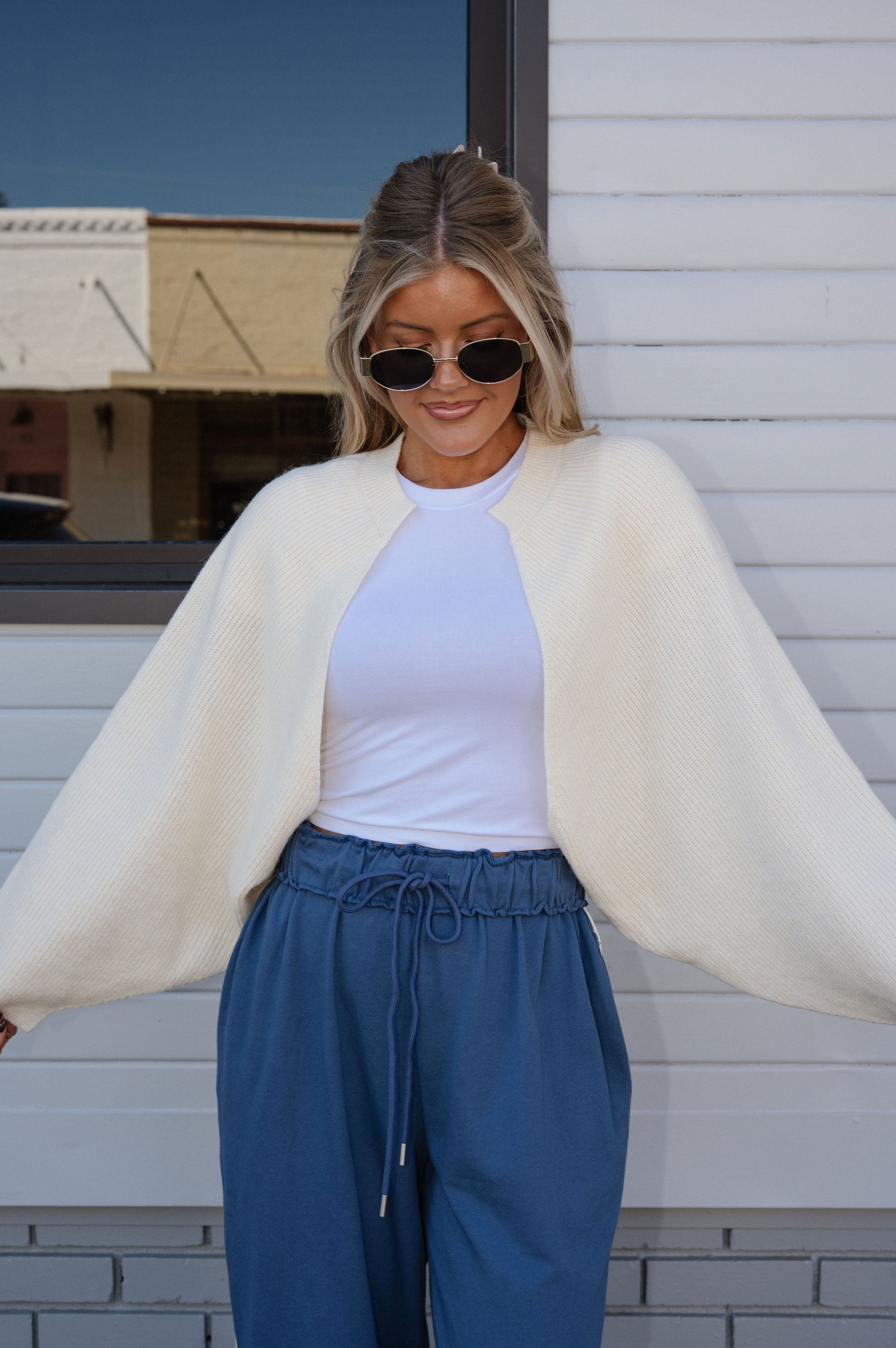 Knit Drop Shoulder Cardigan-Cream