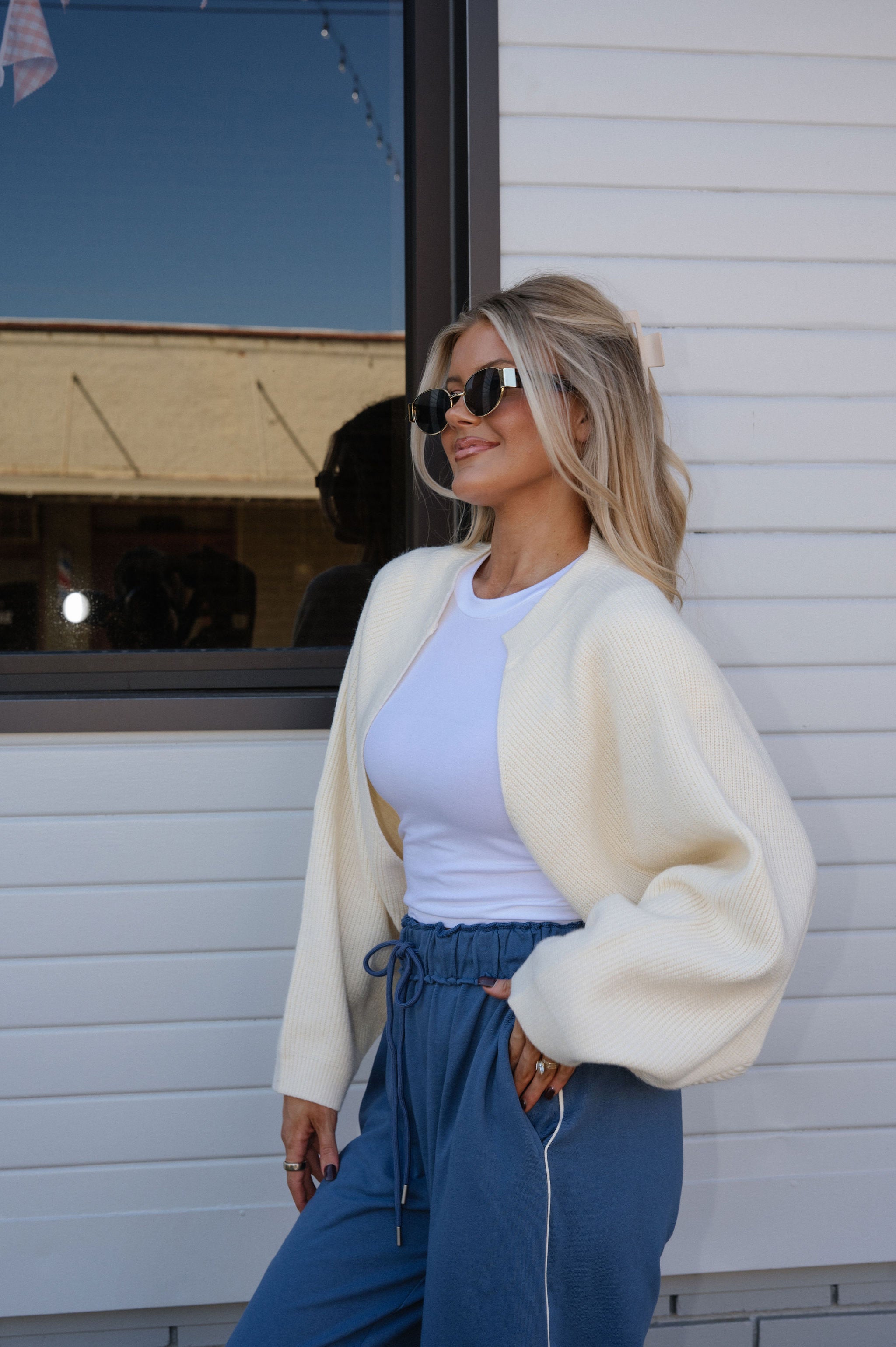 Knit Drop Shoulder Cardigan-Cream