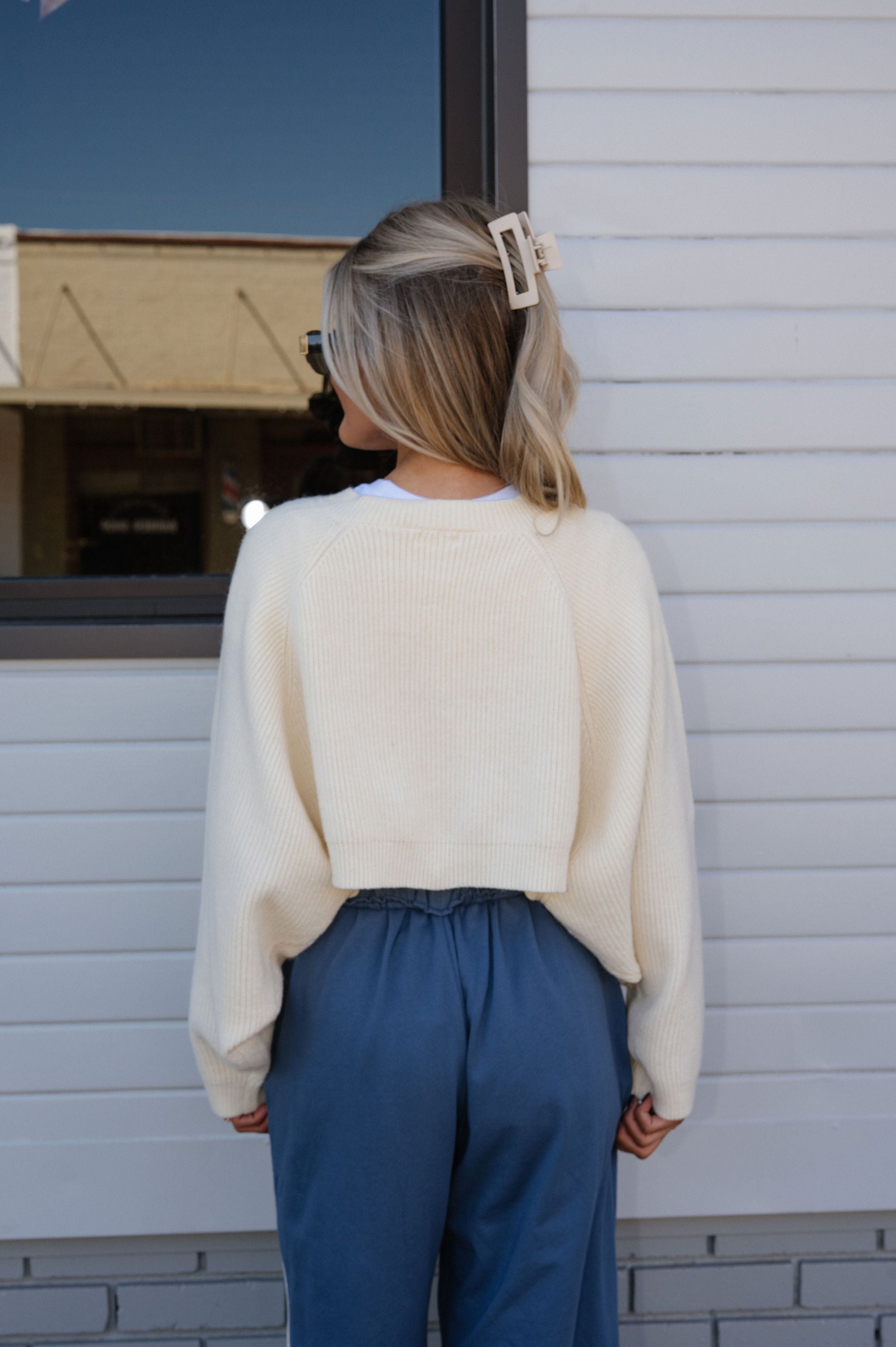 Knit Drop Shoulder Cardigan-Cream
