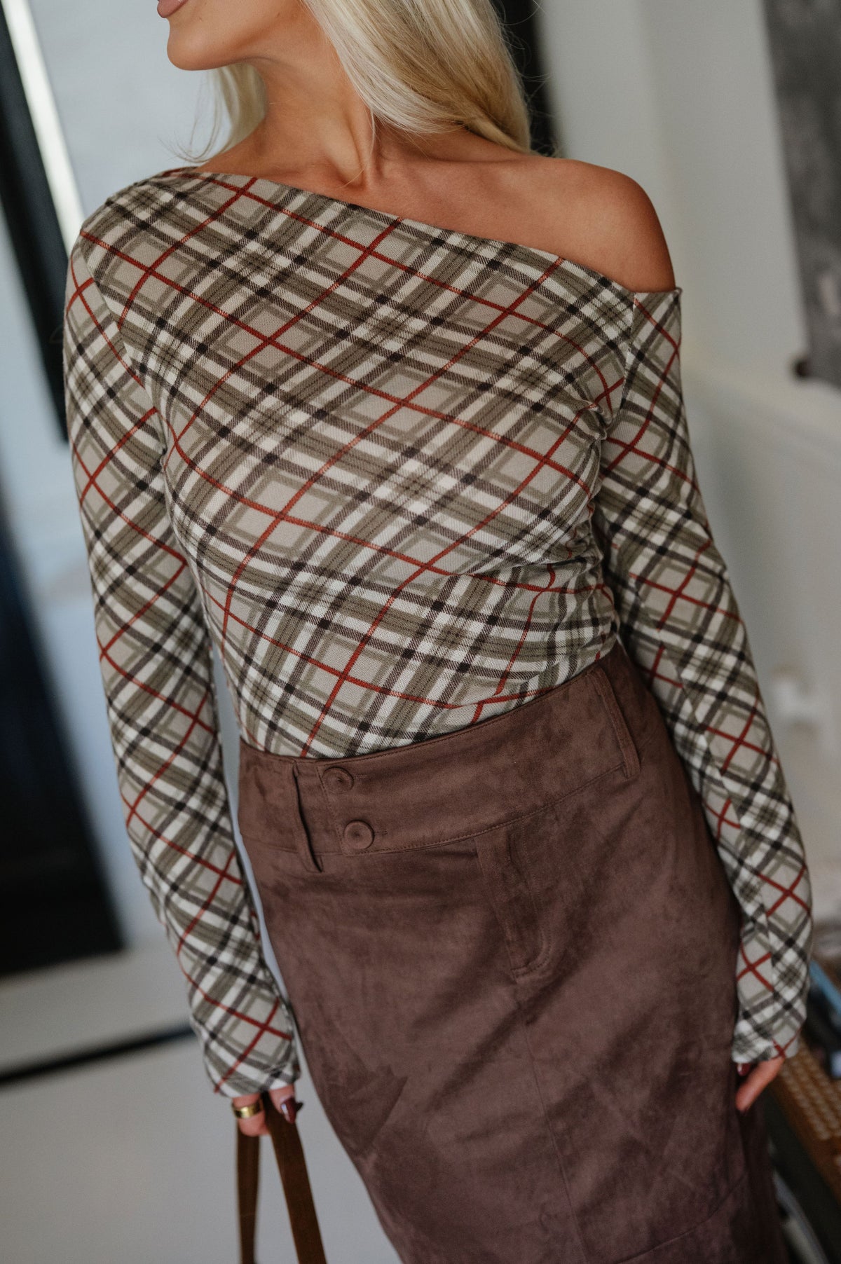 Lawson Check Knit Top-Taupe/Brick