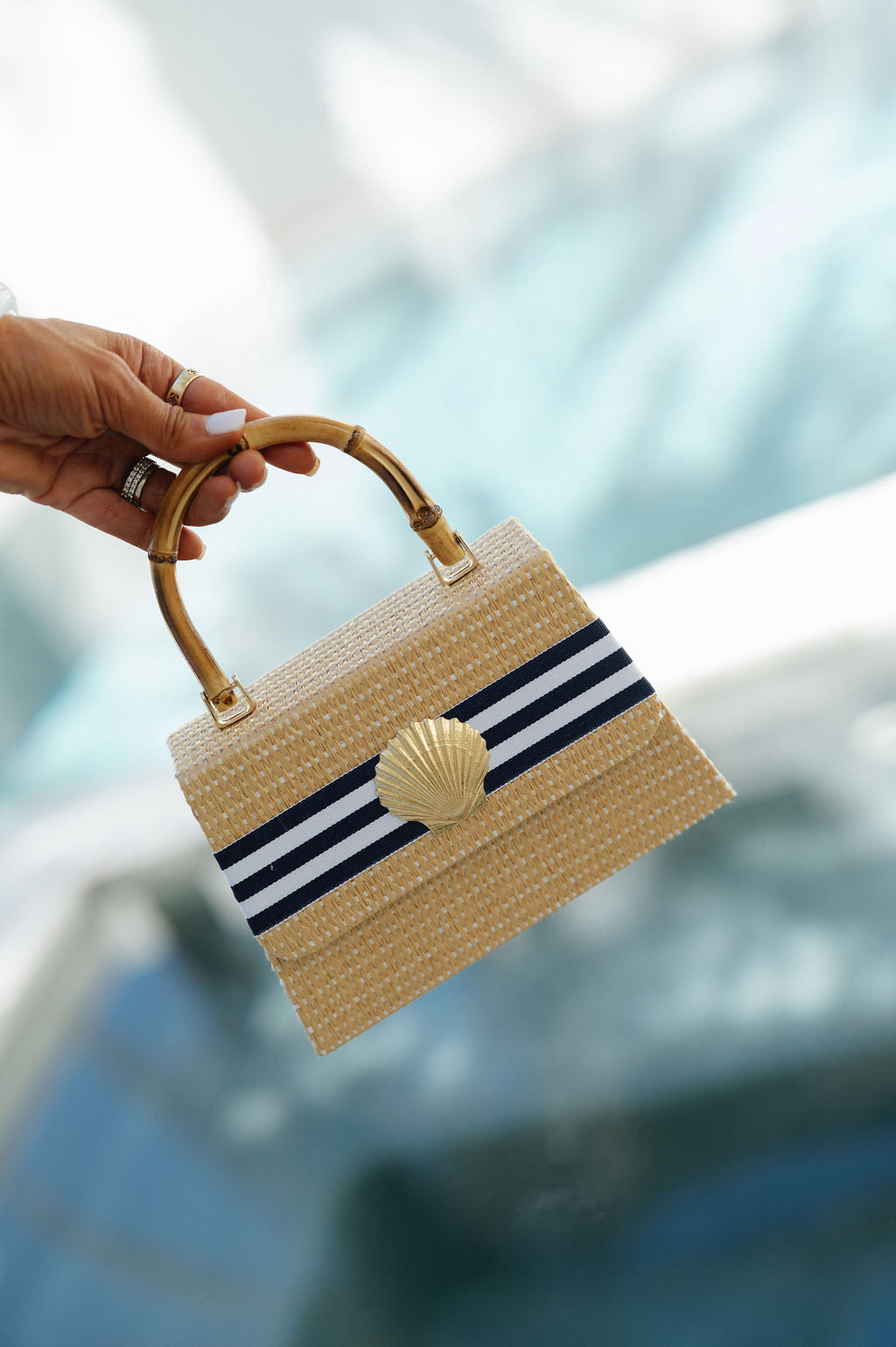 Bamboo Straw Tote-Navy Stripe