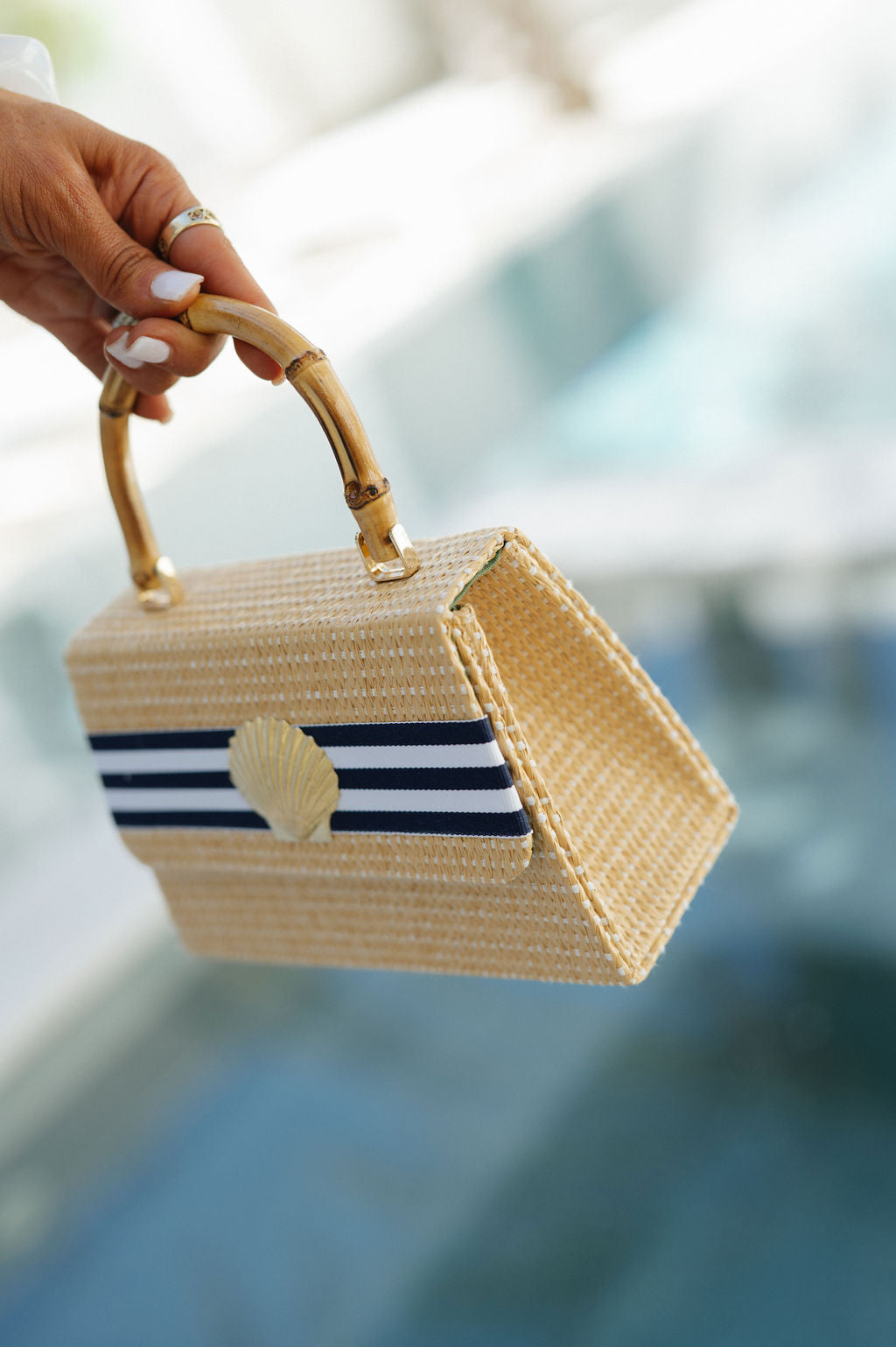 Bamboo Straw Tote-Navy Stripe