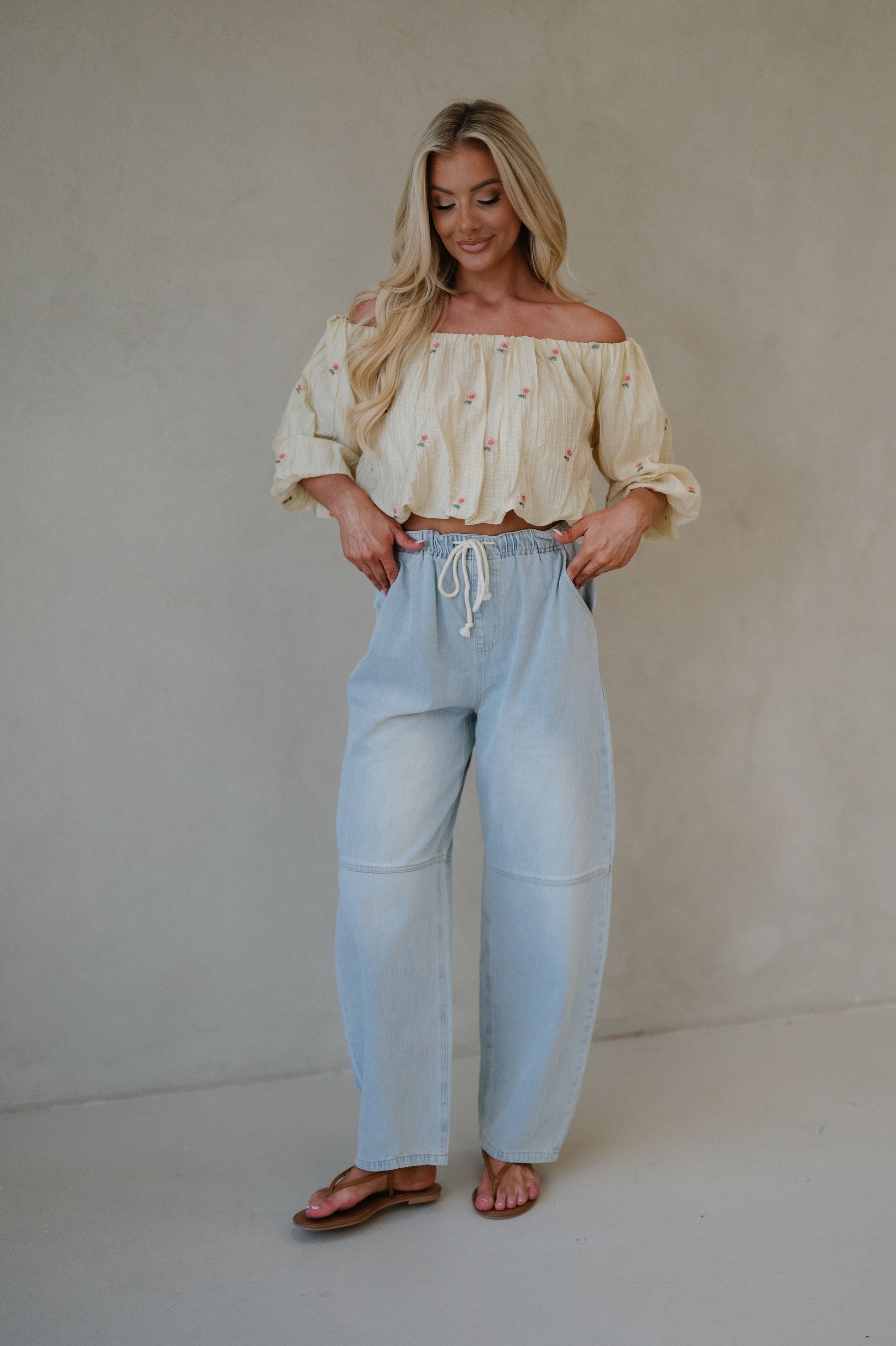 Floral OTS Embroidered Blouse-Light Yellow