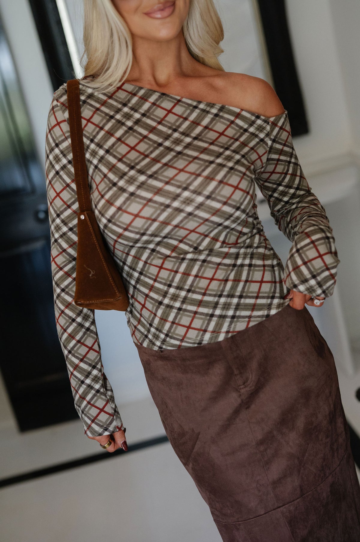 Lawson Check Knit Top-Taupe/Brick