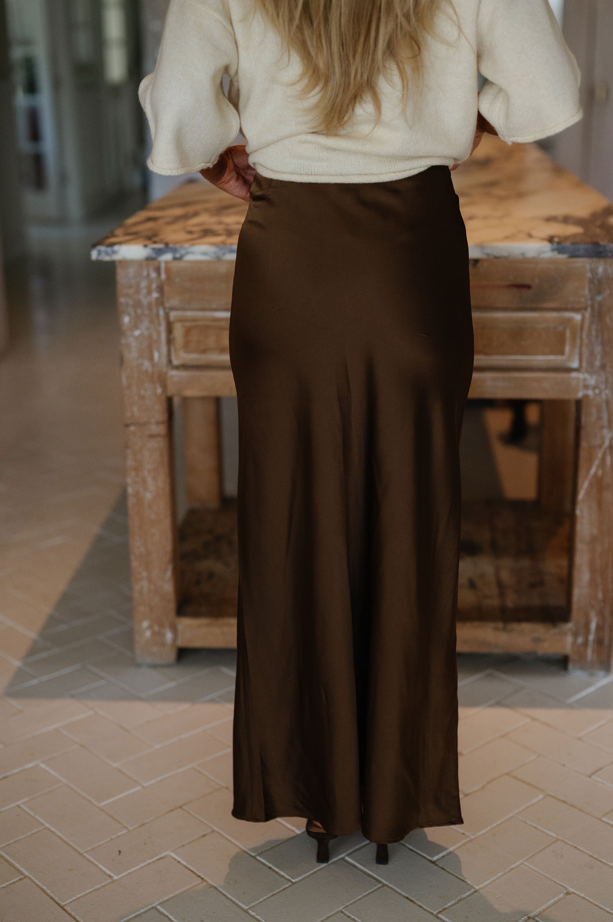 Rhea Satin Maxi Skirt-Brown