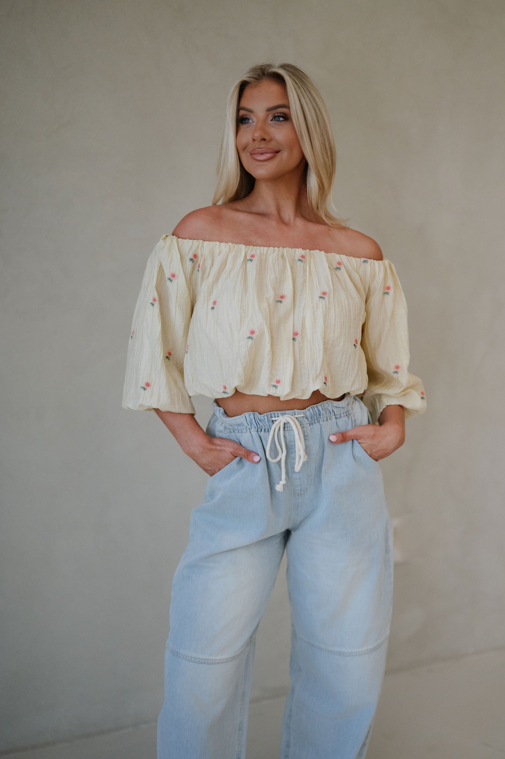 Floral OTS Embroidered Blouse-Light Yellow