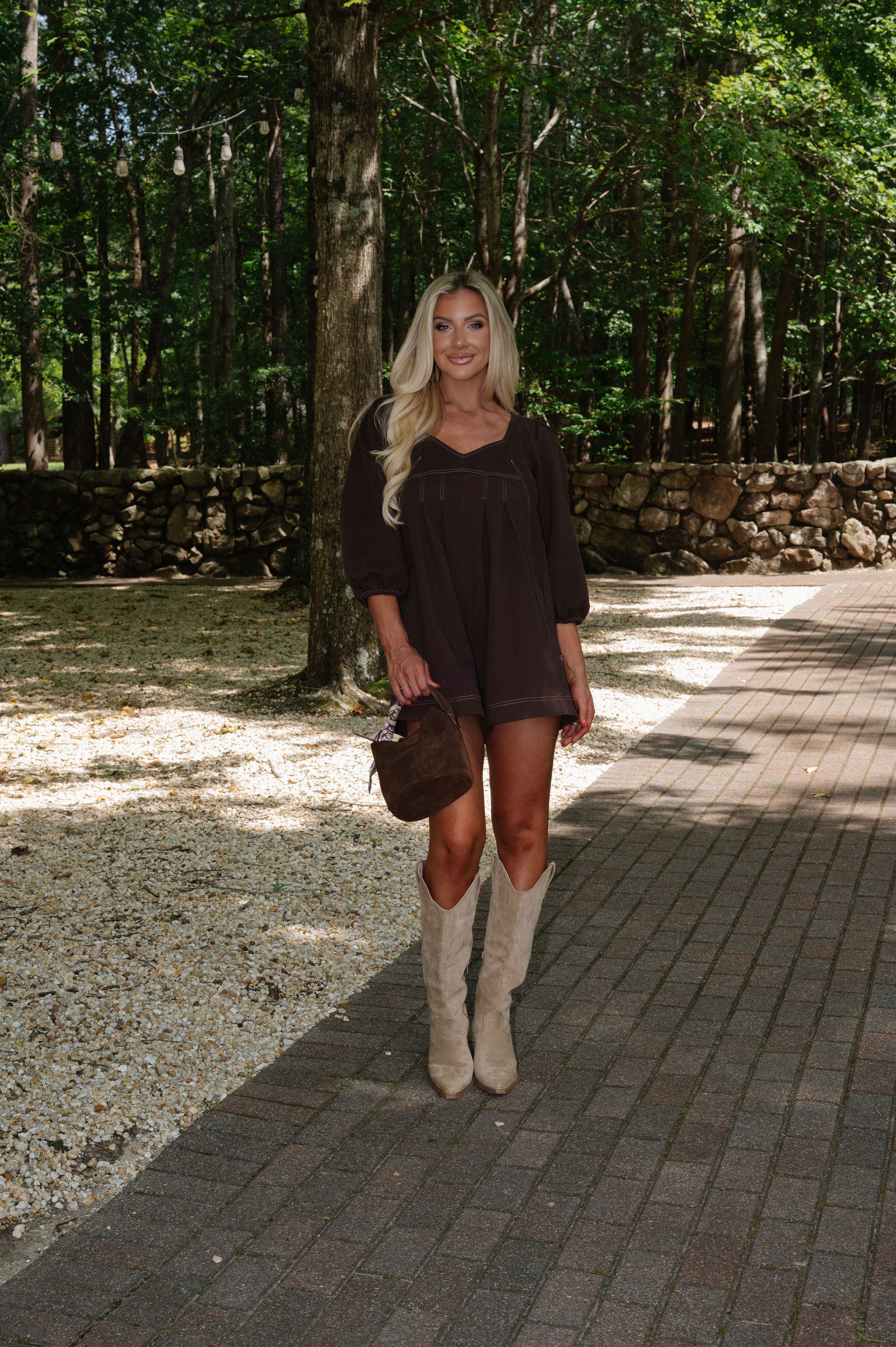 Puff Sleeve Denim Romper-Brown