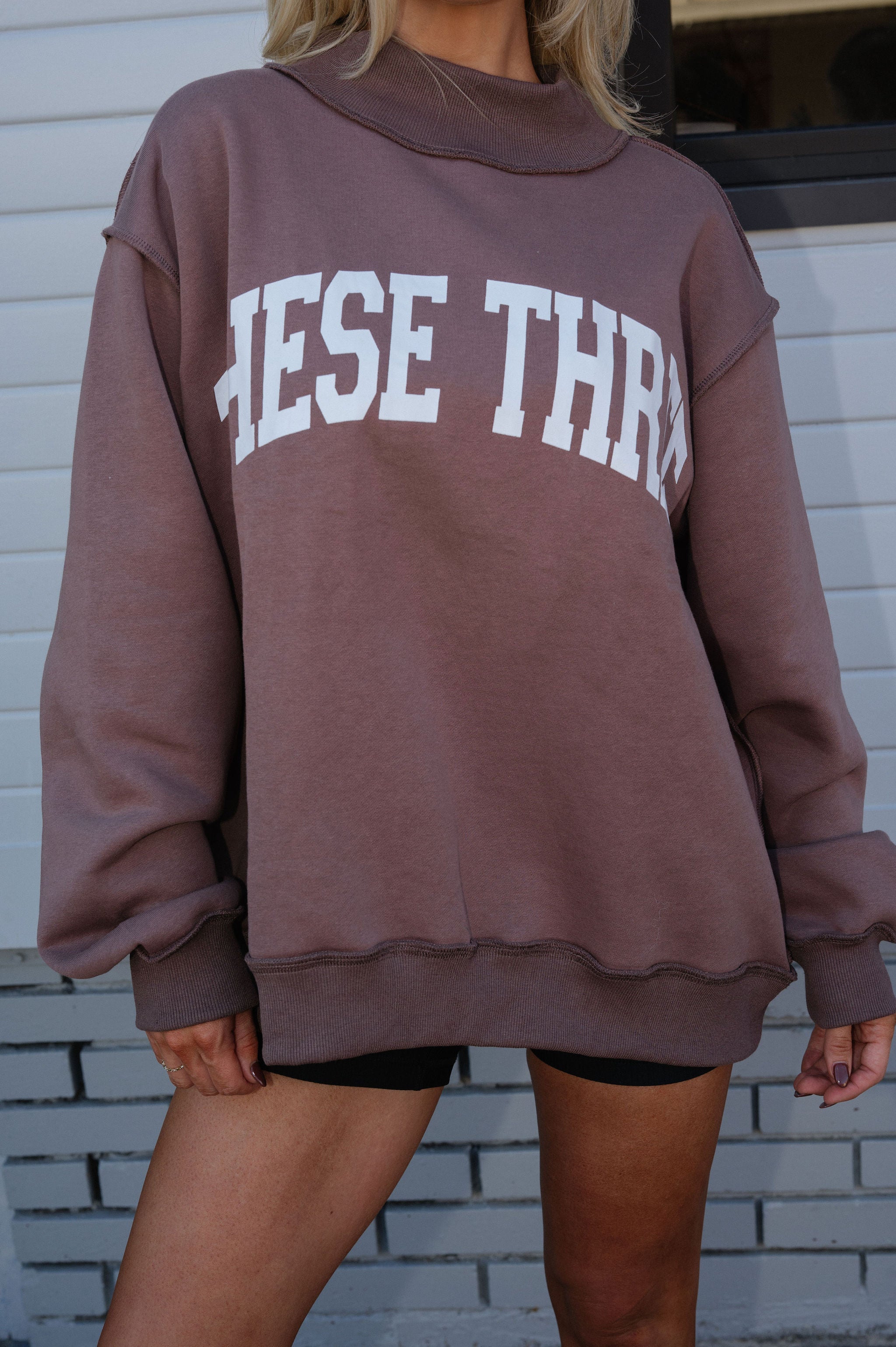 Mock Neck "These Three" Sweatshirt- Brown