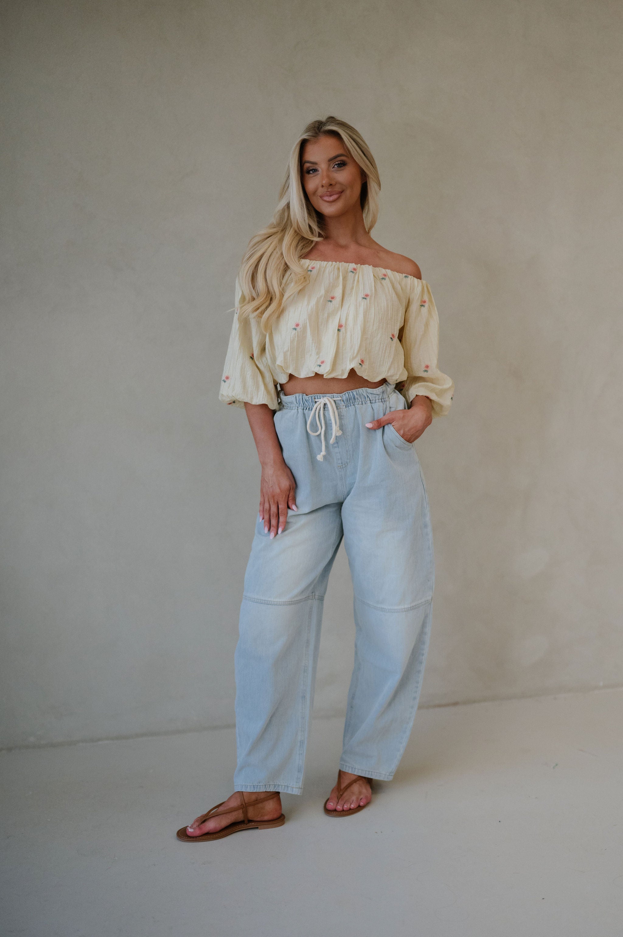 Floral OTS Embroidered Blouse-Light Yellow