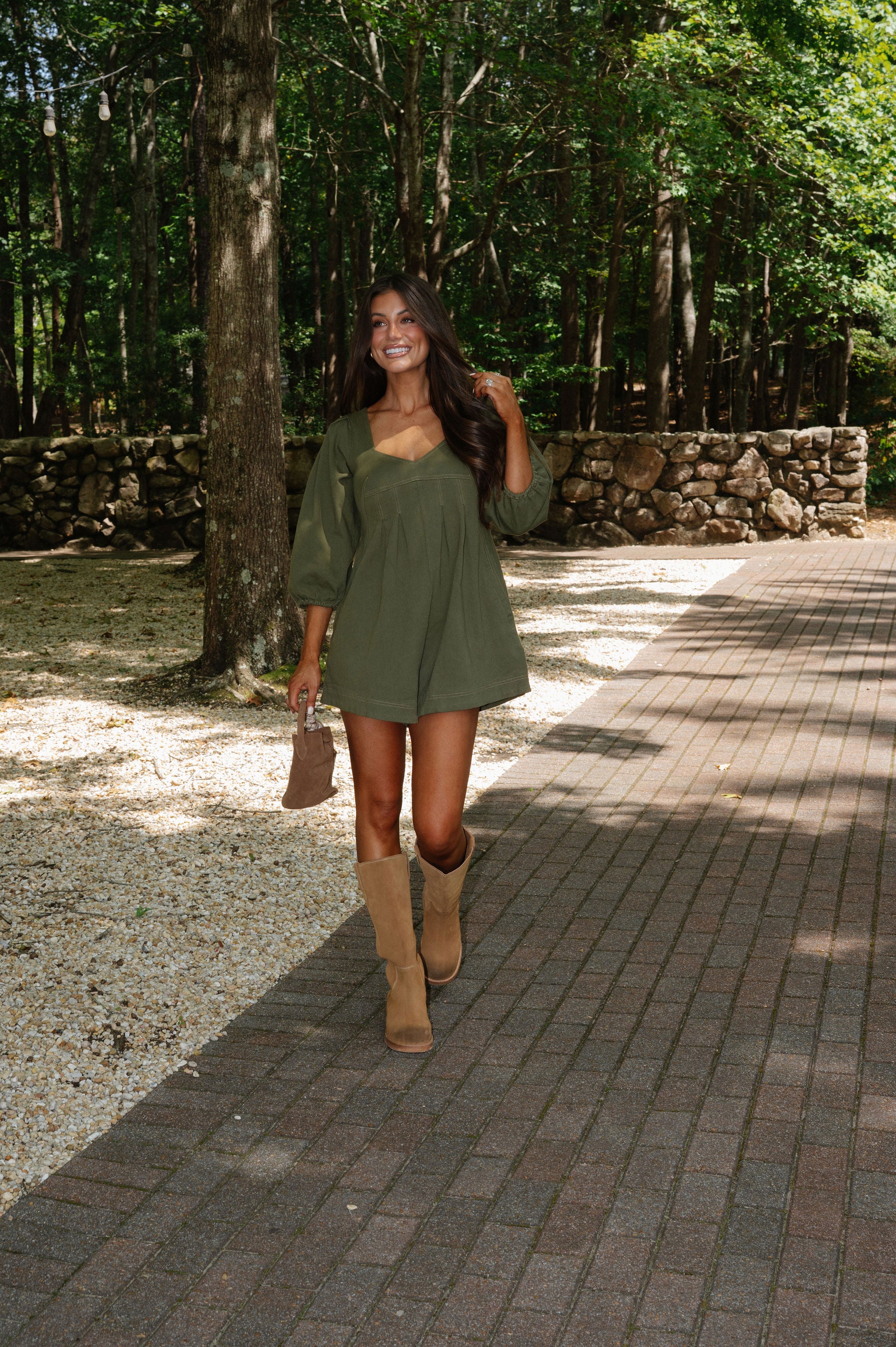 Puff Sleeve Denim Romper-Olive