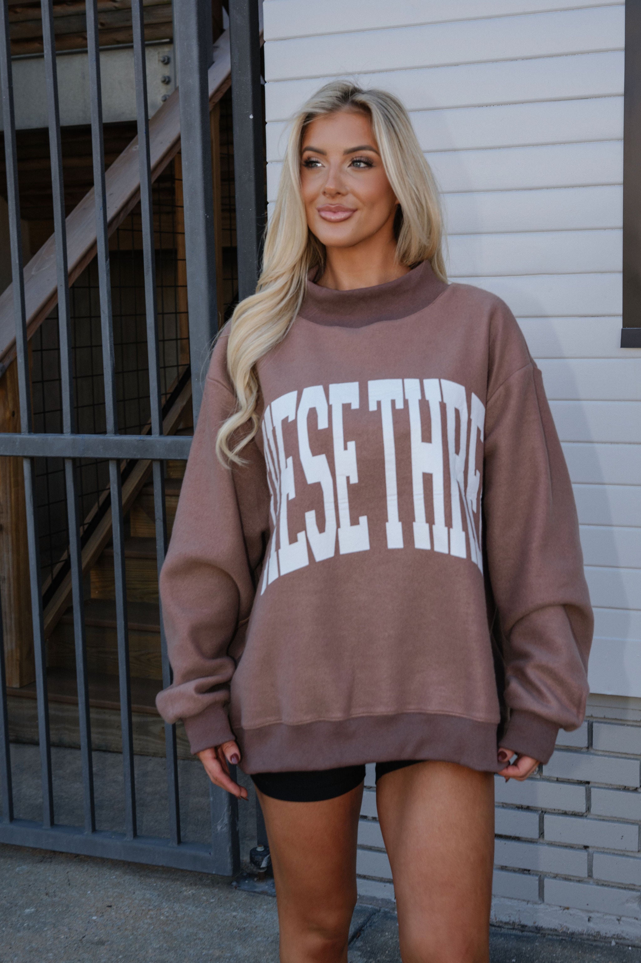 Mock Neck "These Three" Sweatshirt- Brown