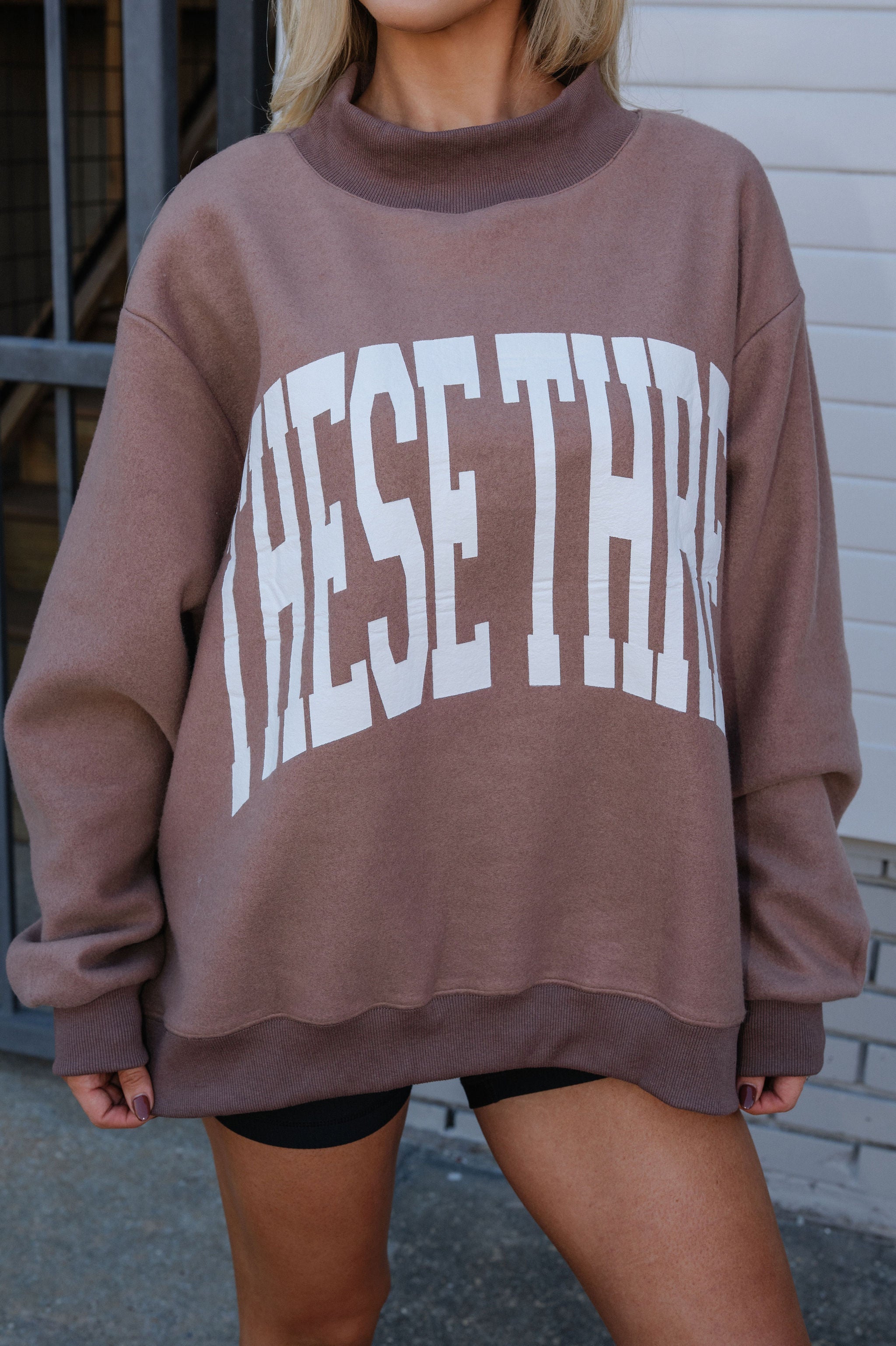 Mock Neck "These Three" Sweatshirt- Brown