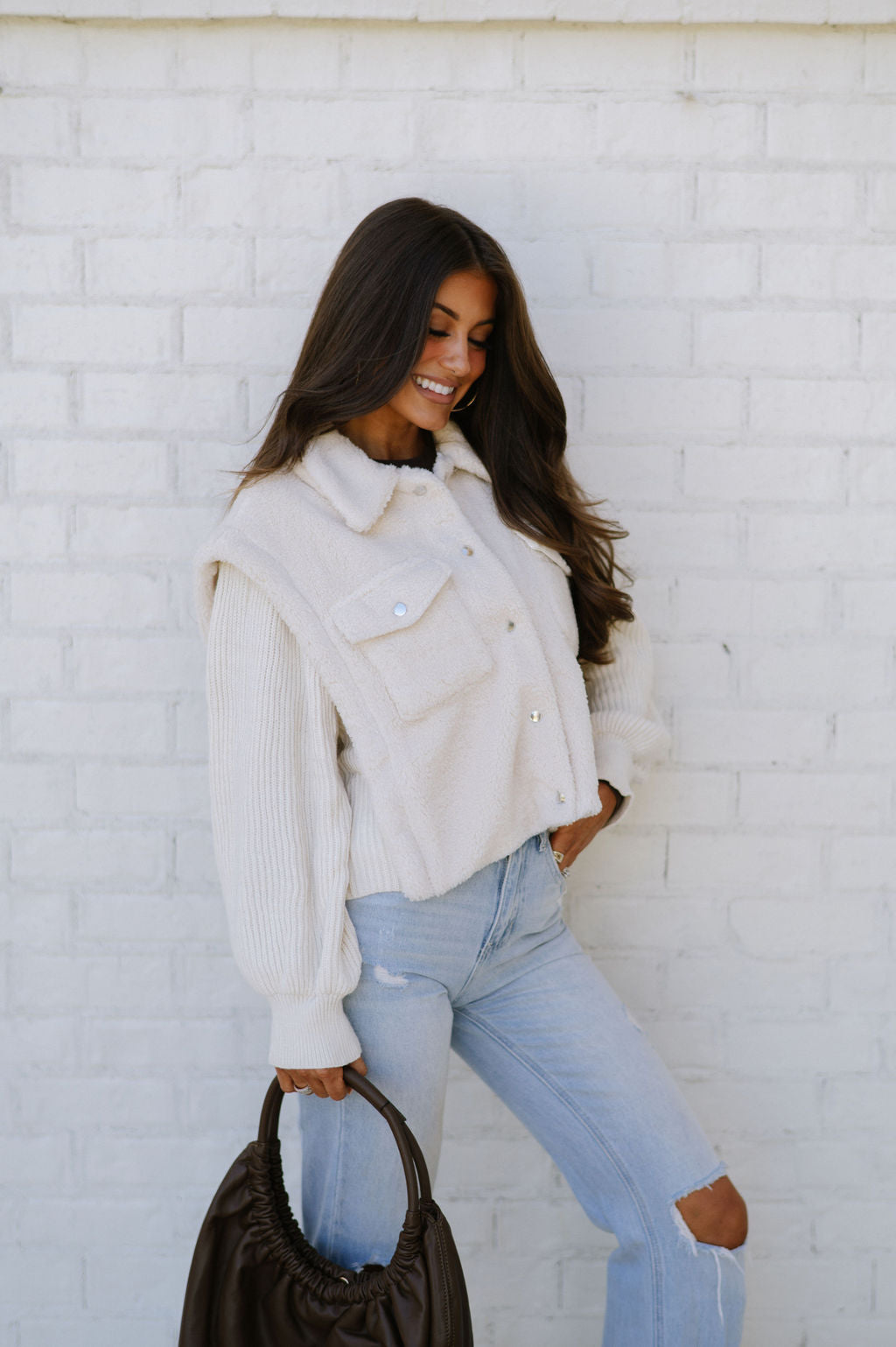 DOORBUSTER// Contrast Faux Fur Vest Jacket-Ivory