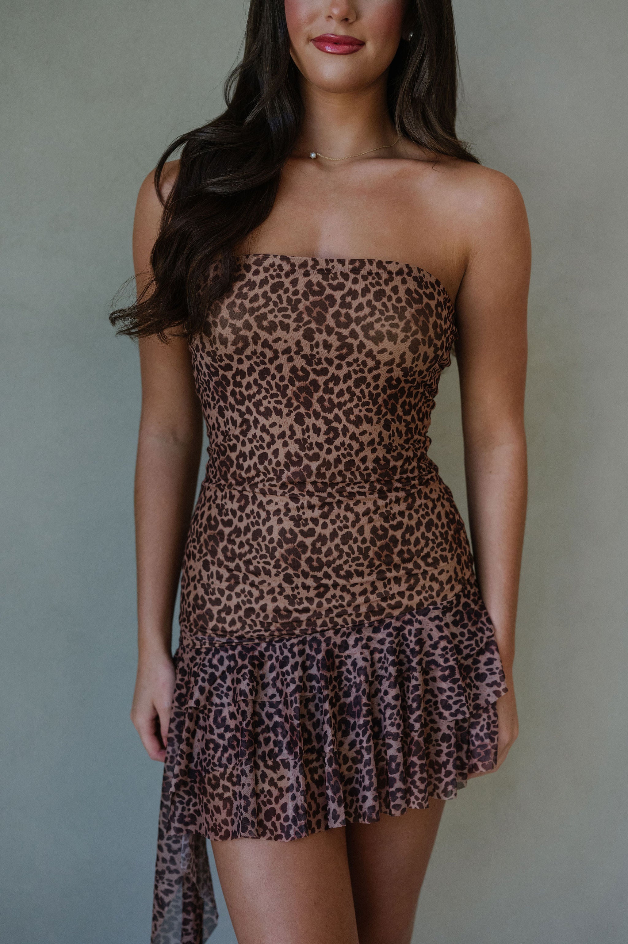 Ruffle Tube Mini Dress-Leopard