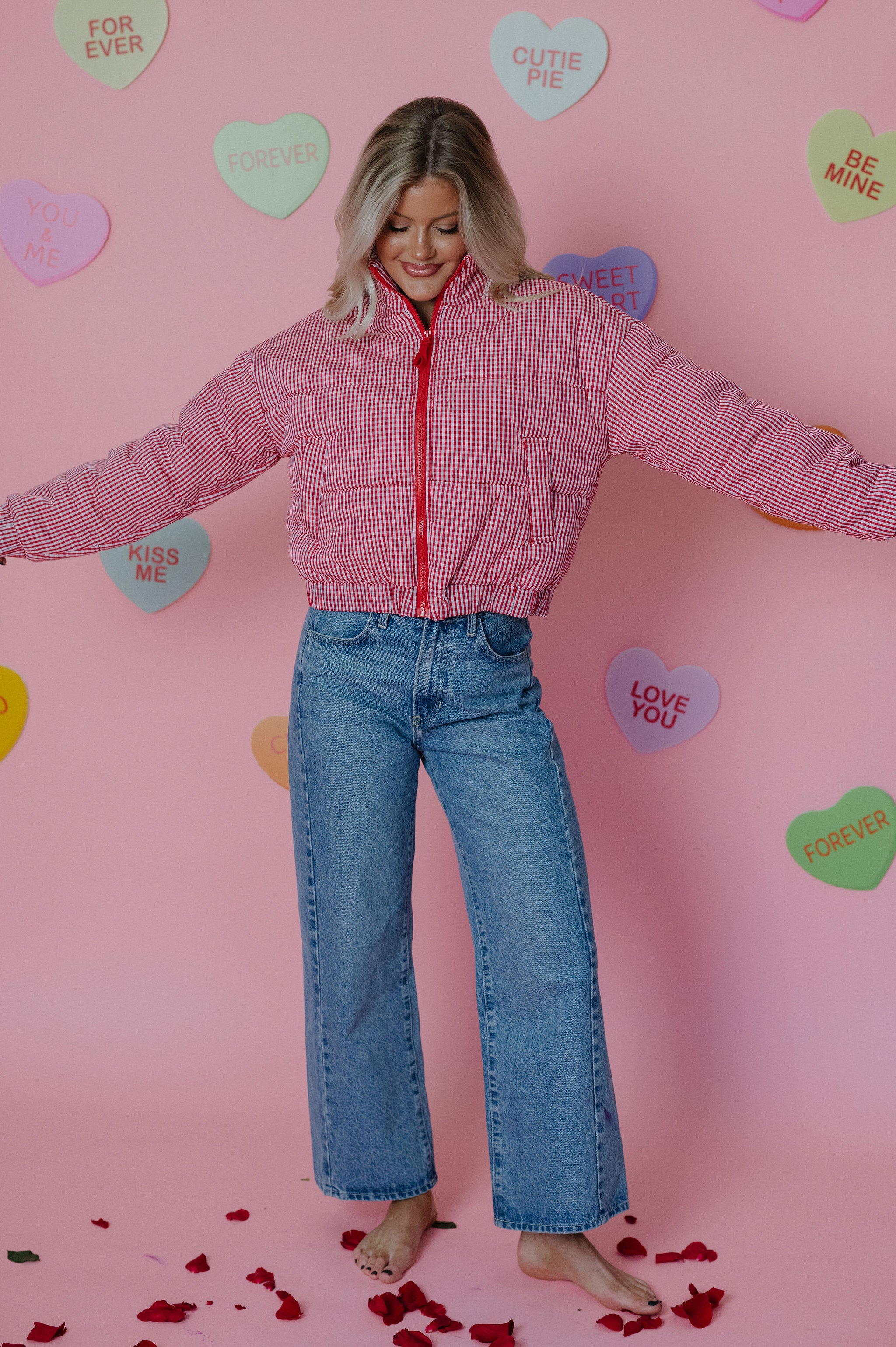 Hollen Gingham Puffer Jacket-Red/White