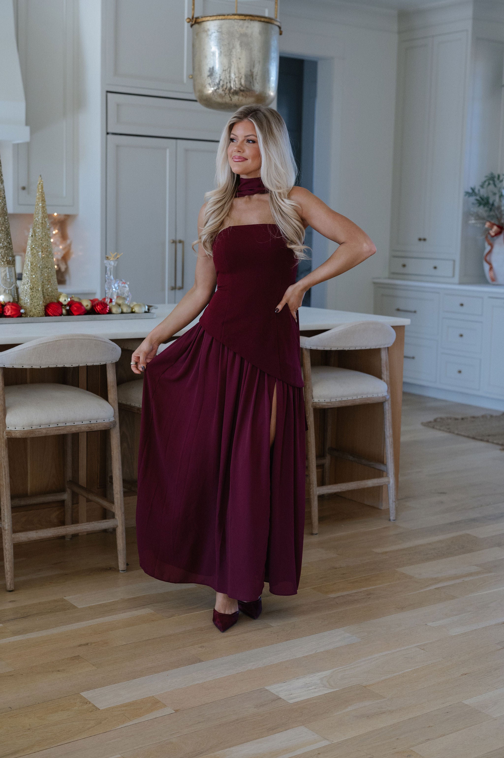 Eva Contrasted Maxi Dress-Wine