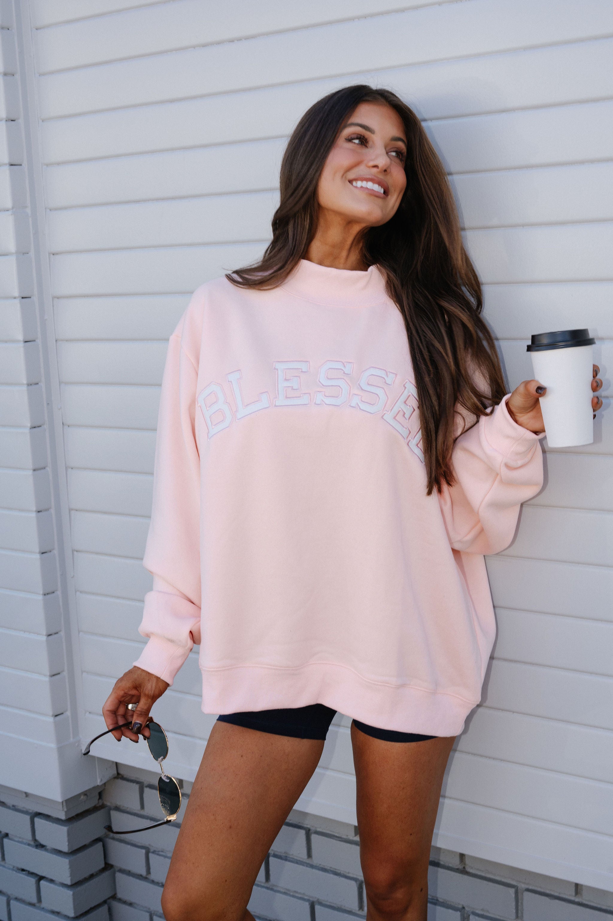 "Blessed" Mock Neck Sweatshirt-Baby Pink
