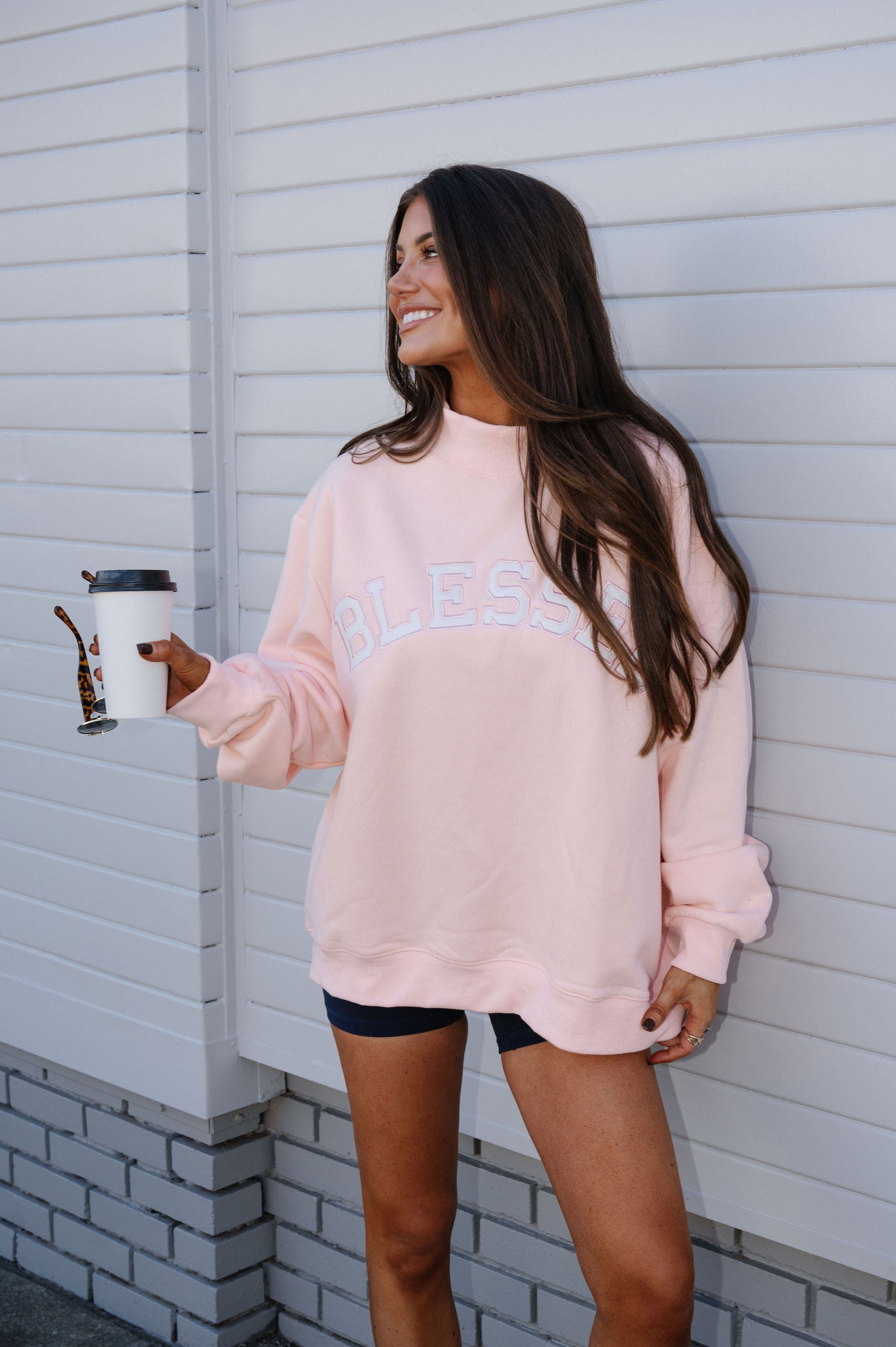 "Blessed" Mock Neck Sweatshirt-Baby Pink
