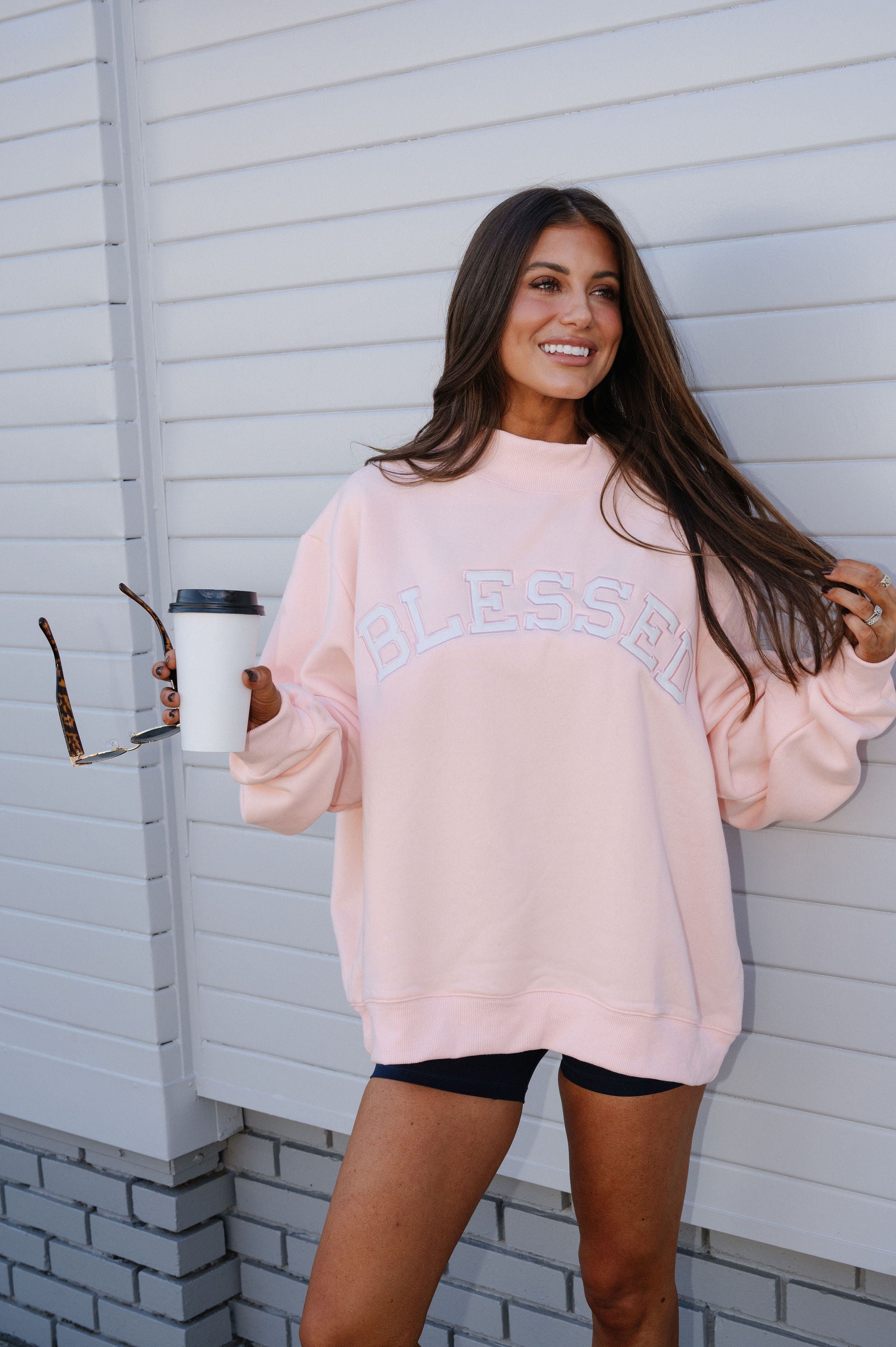 "Blessed" Mock Neck Sweatshirt-Baby Pink