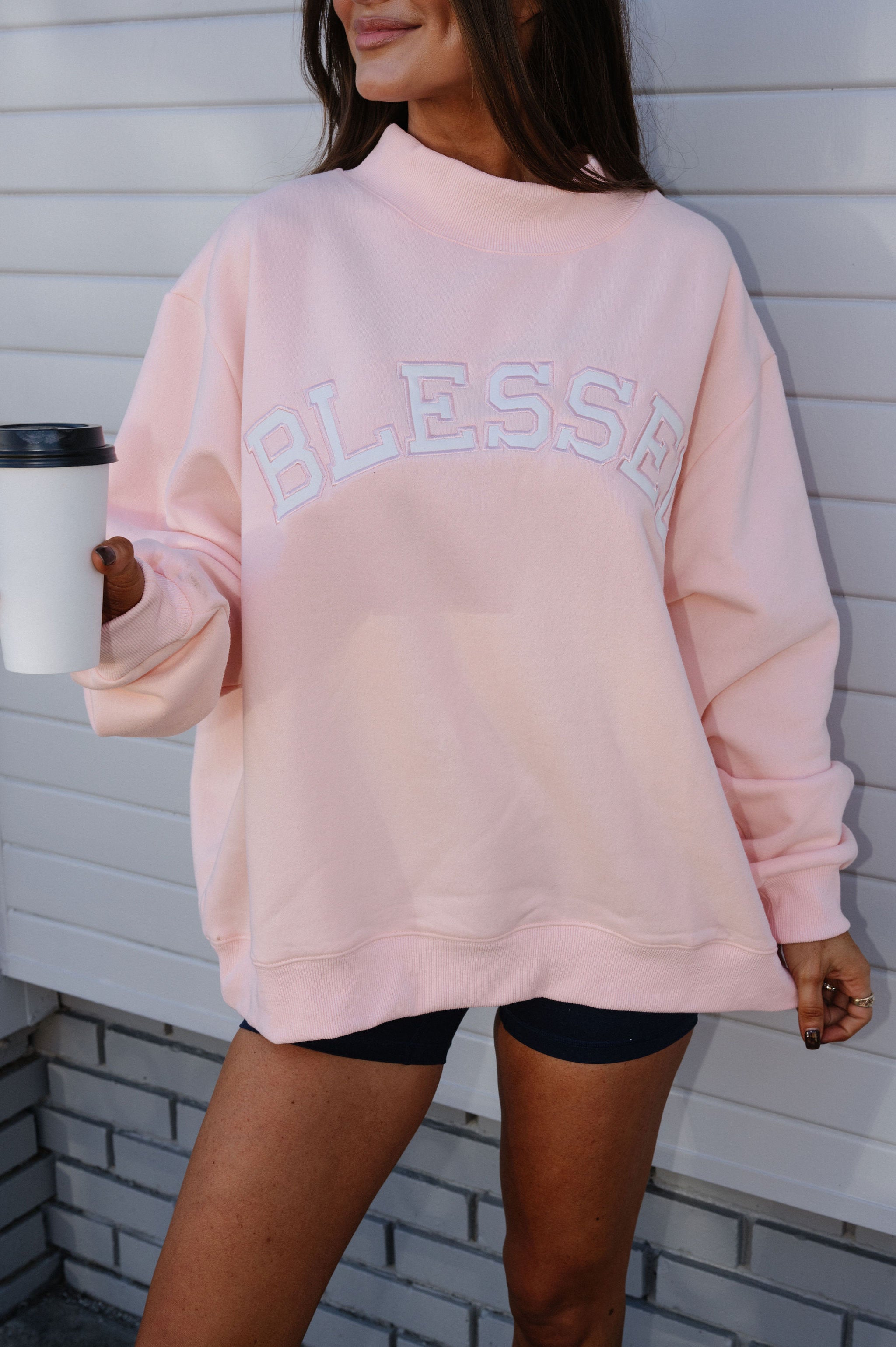 "Blessed" Mock Neck Sweatshirt-Baby Pink