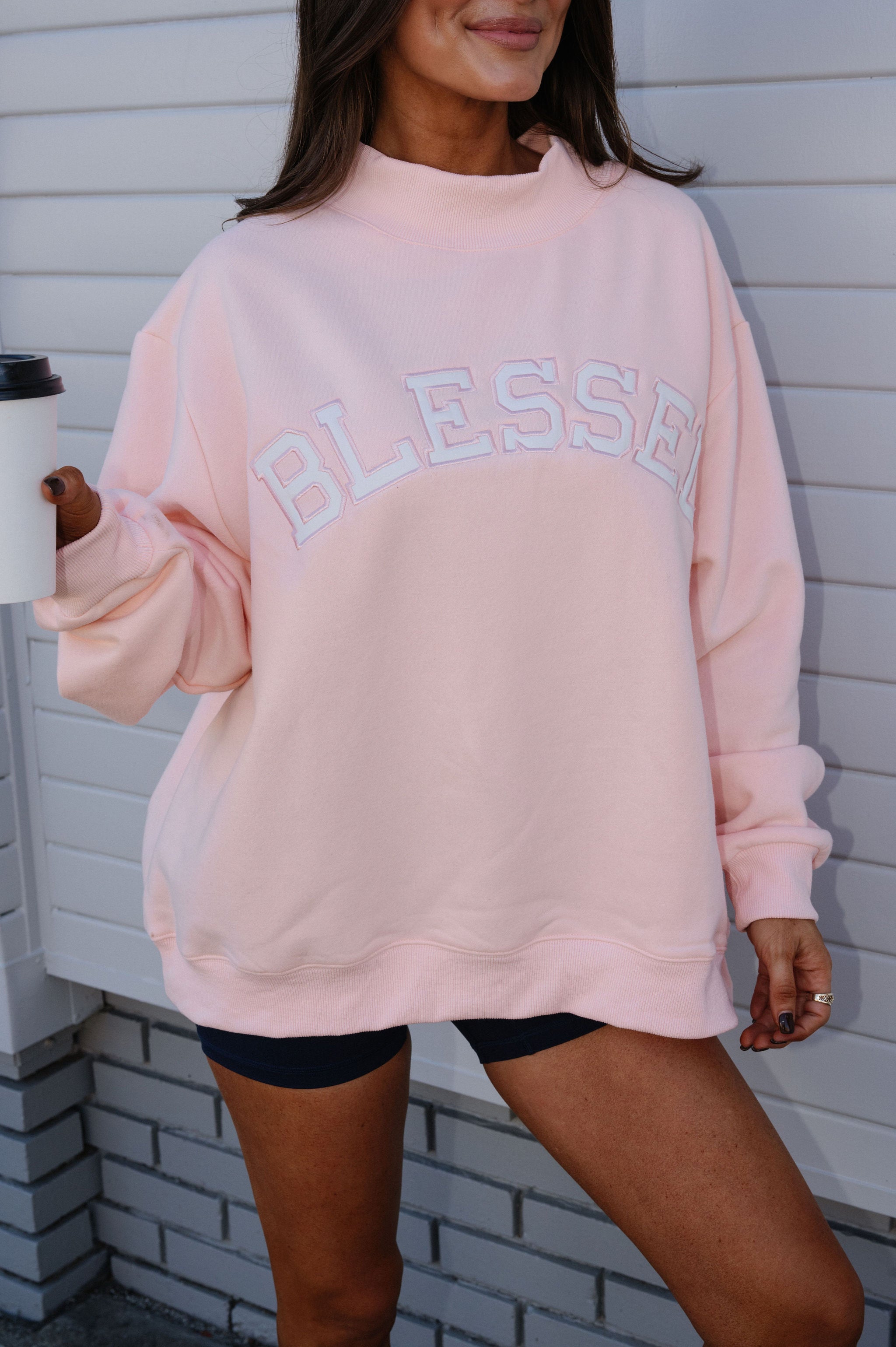 "Blessed" Mock Neck Sweatshirt-Baby Pink