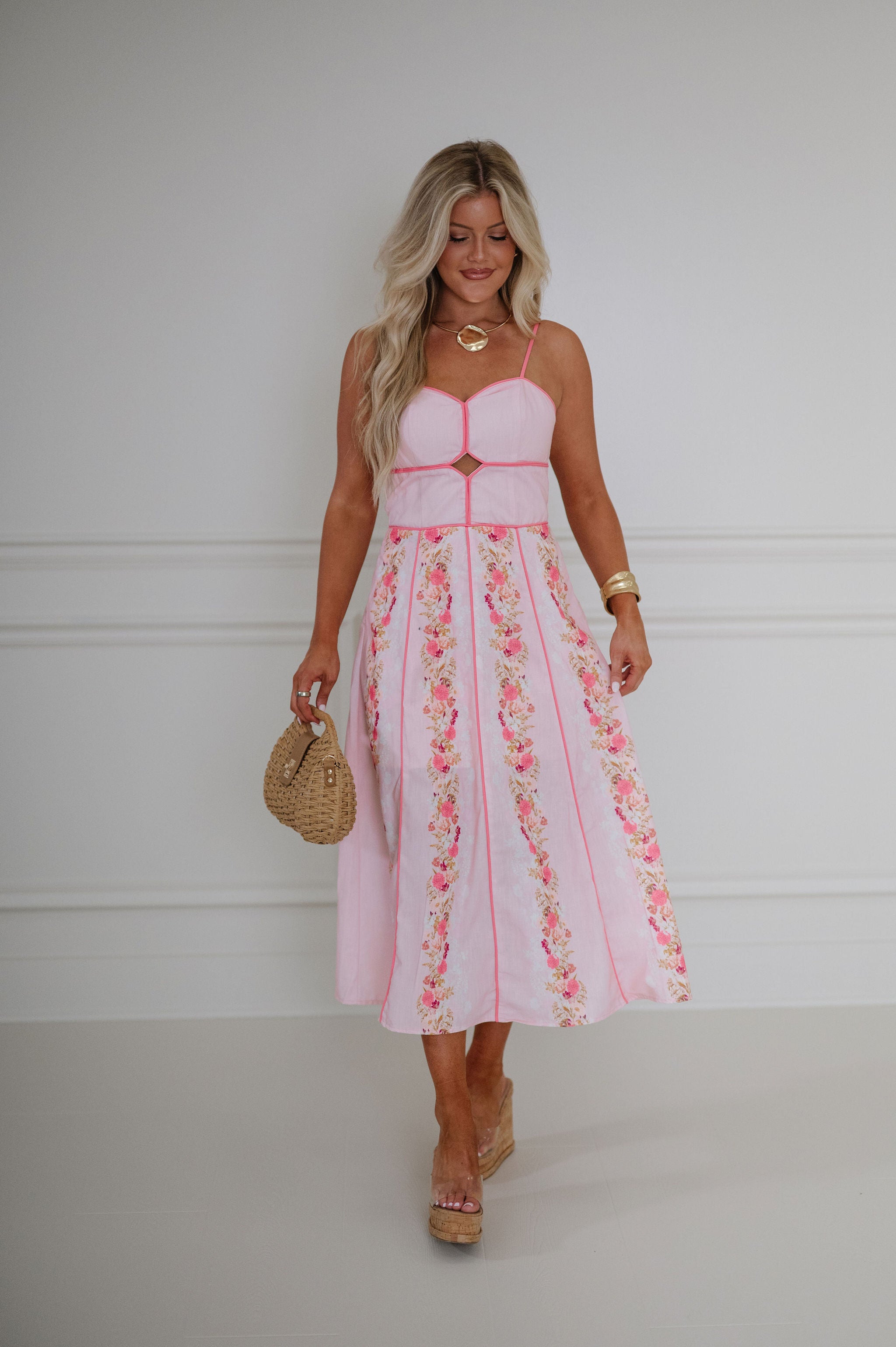 Macie Floral Printed Midi Dress-Pink Multi
