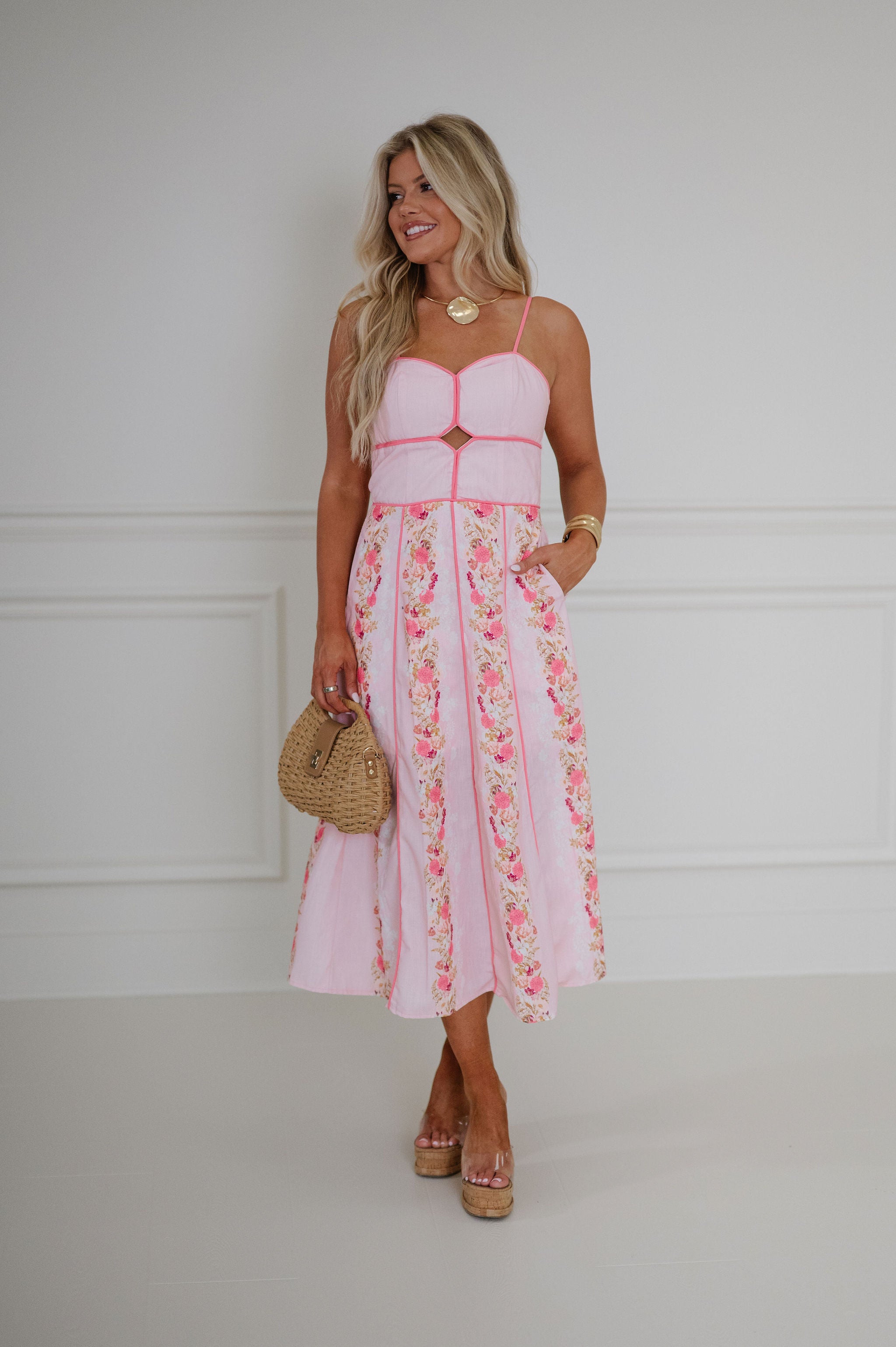 Macie Floral Printed Midi Dress-Pink Multi