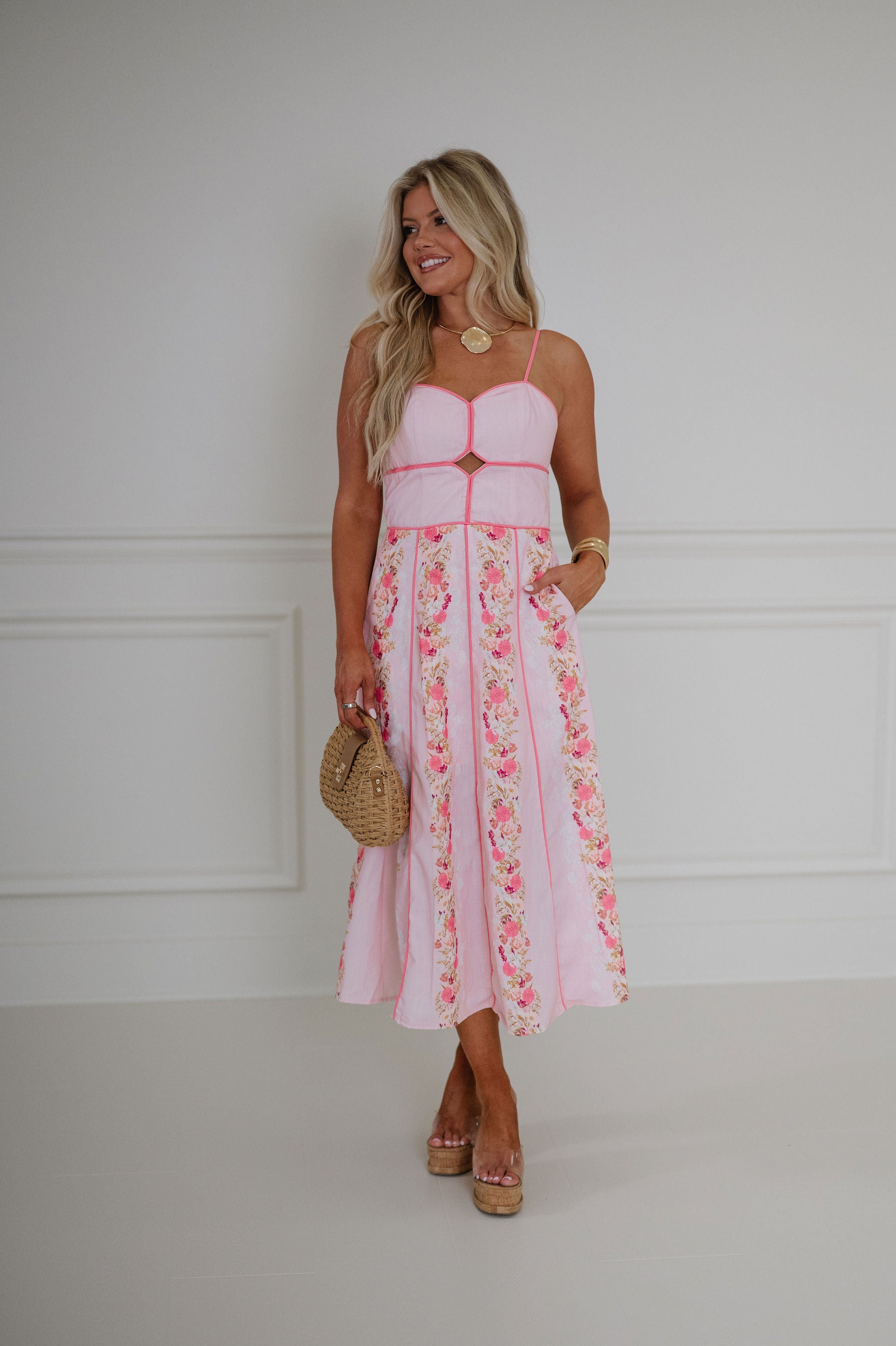 Macie Floral Printed Midi Dress-Pink Multi