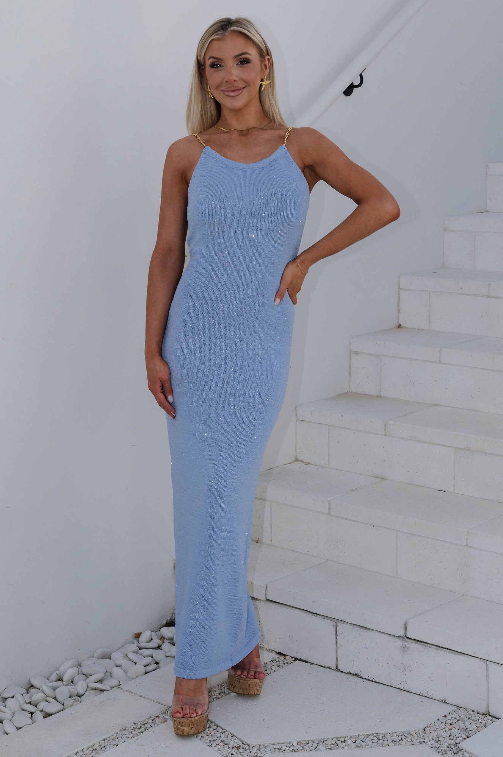 Chain Strap Knit Maxi Dress-Blue