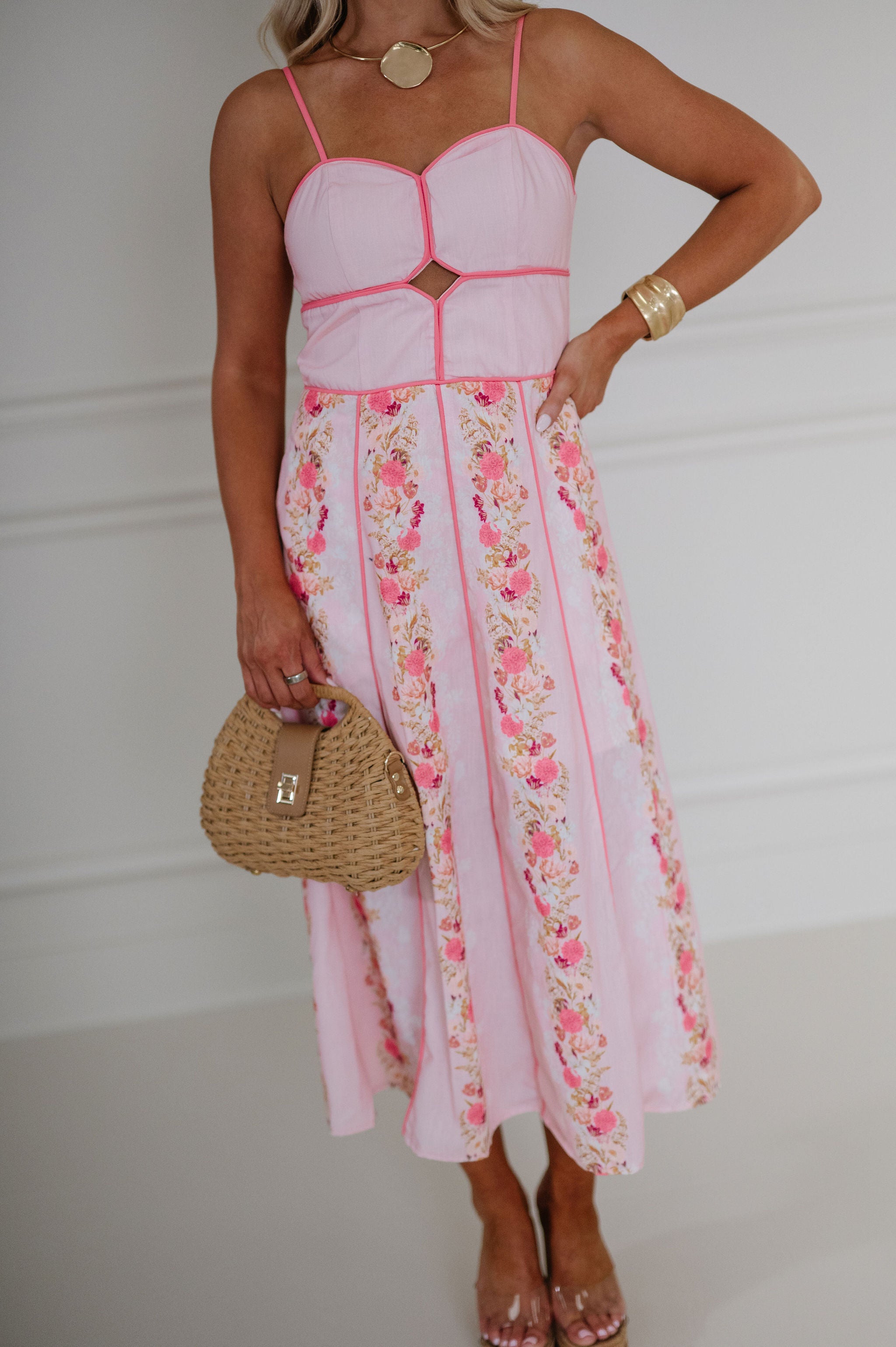 Macie Floral Printed Midi Dress-Pink Multi