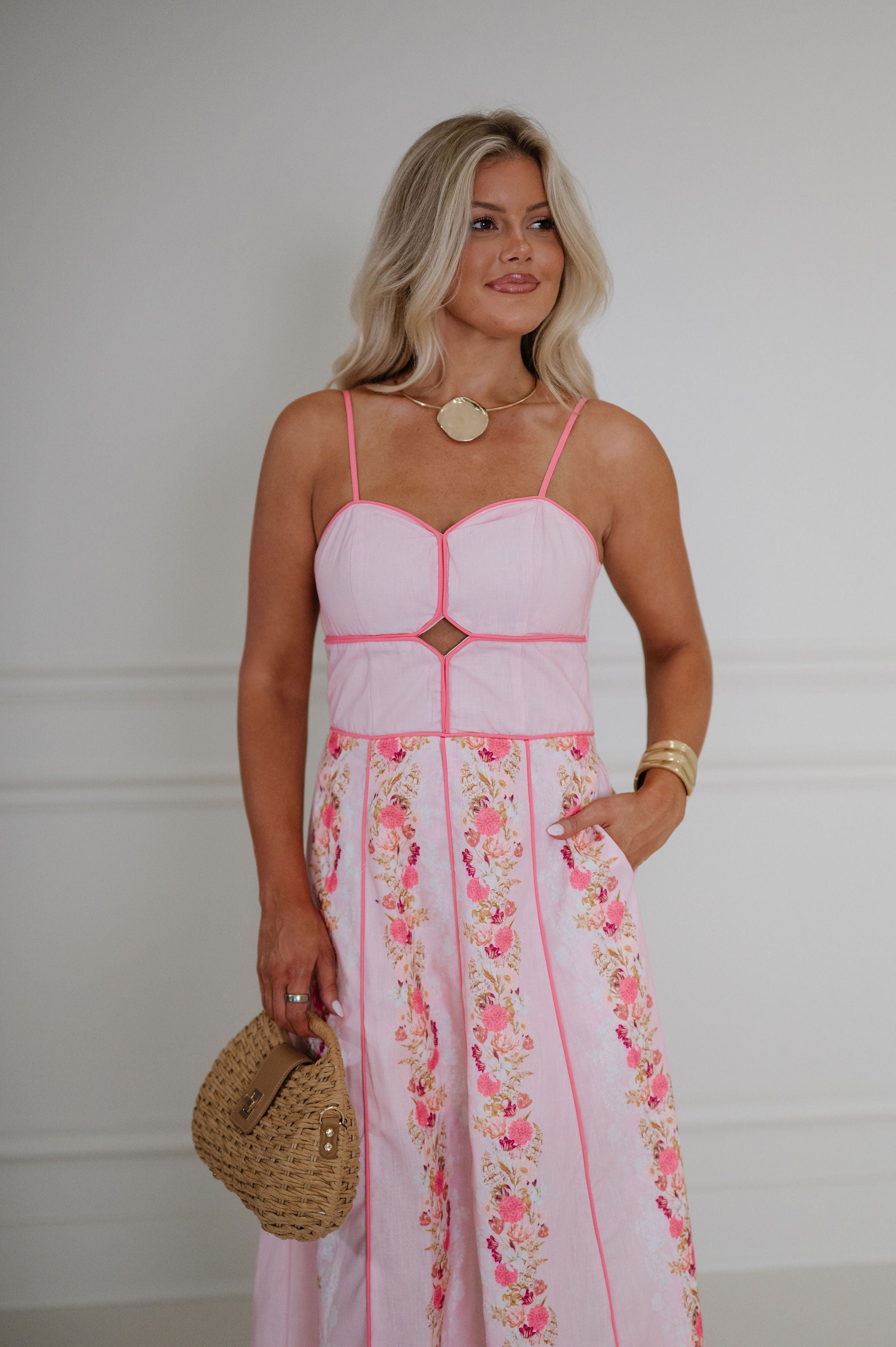 Macie Floral Printed Midi Dress-Pink Multi