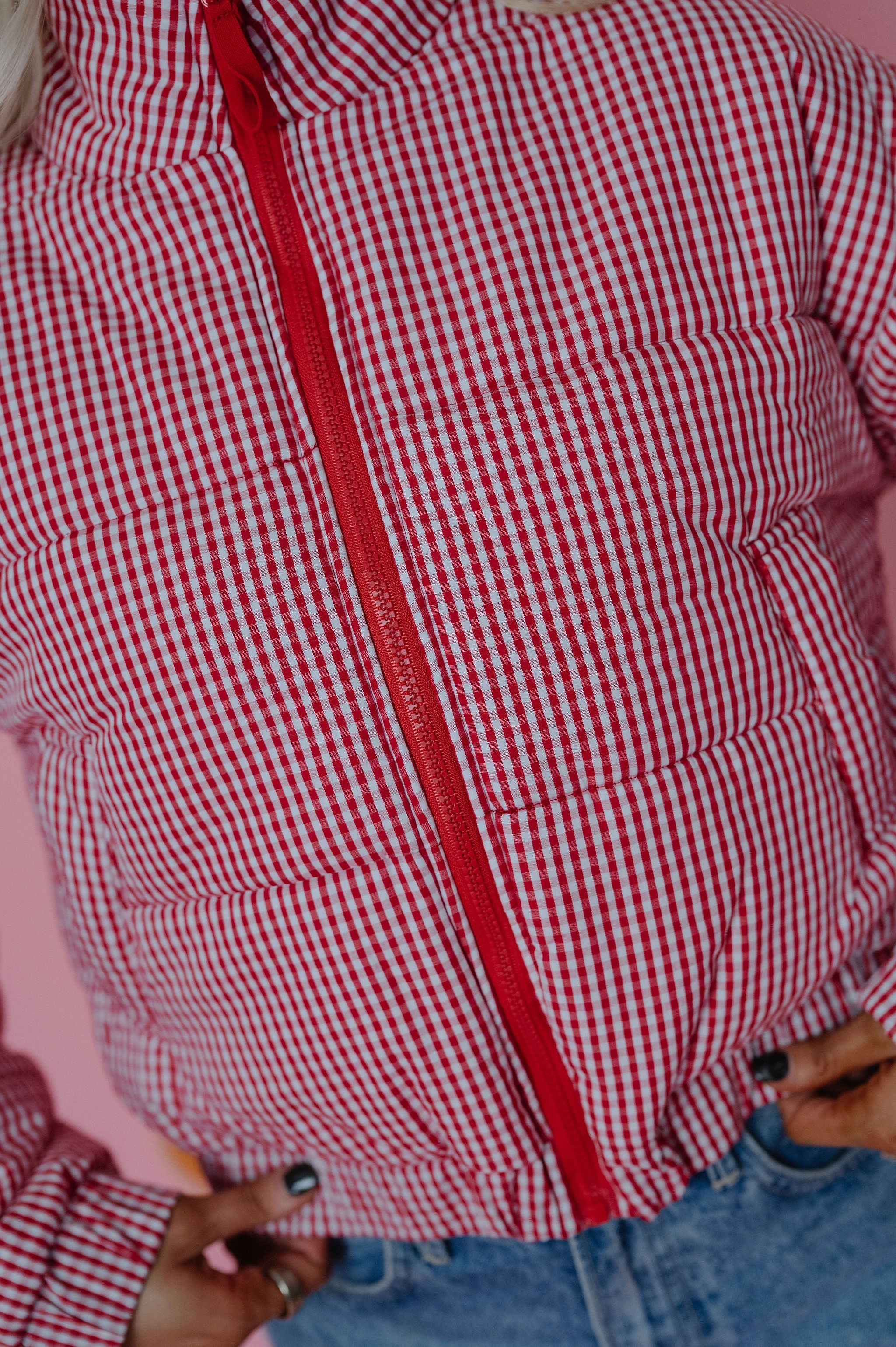 Hollen Gingham Puffer Jacket-Red/White