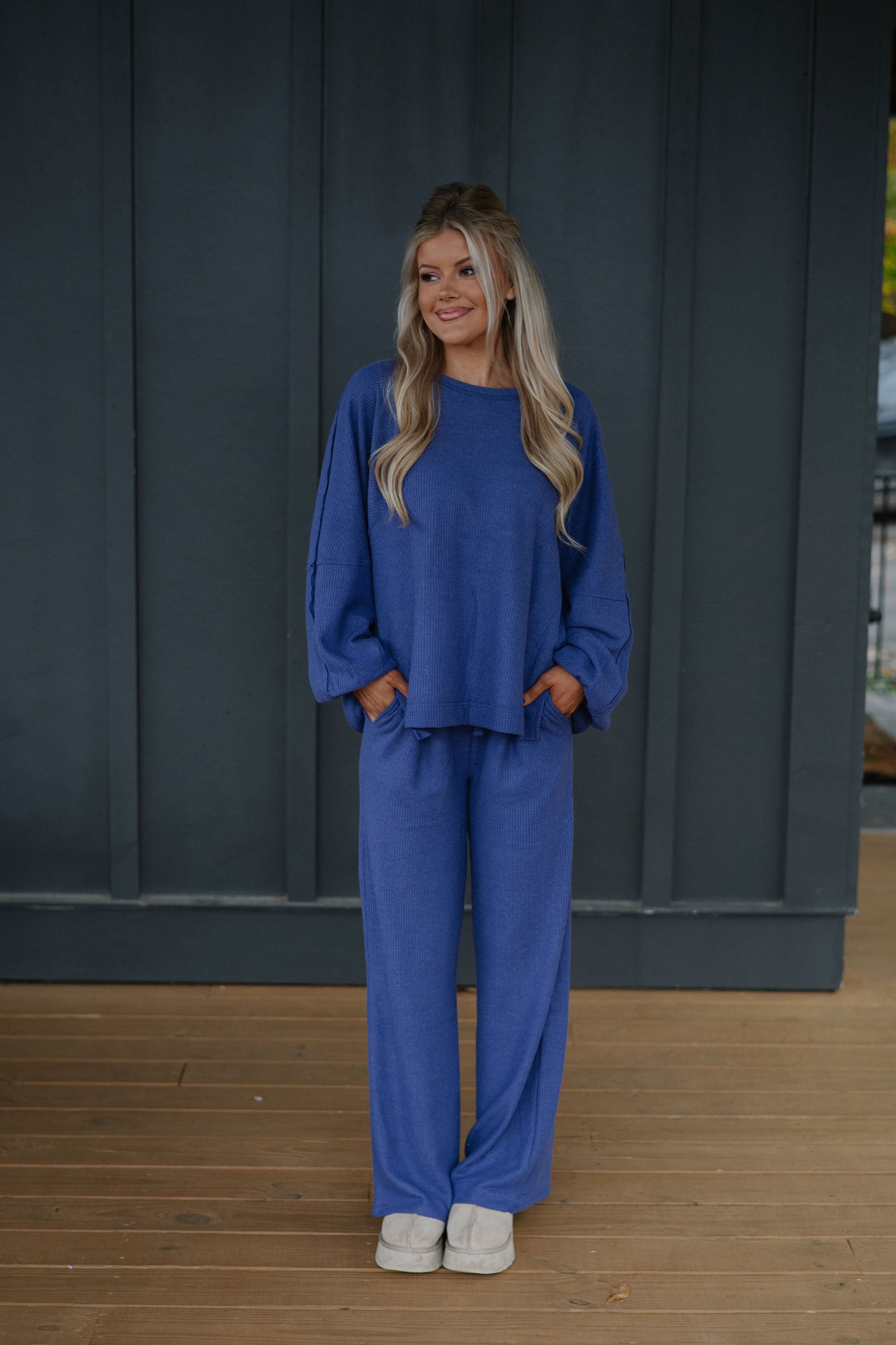 Brushed Waffle Knit Set-Dusty Indigo