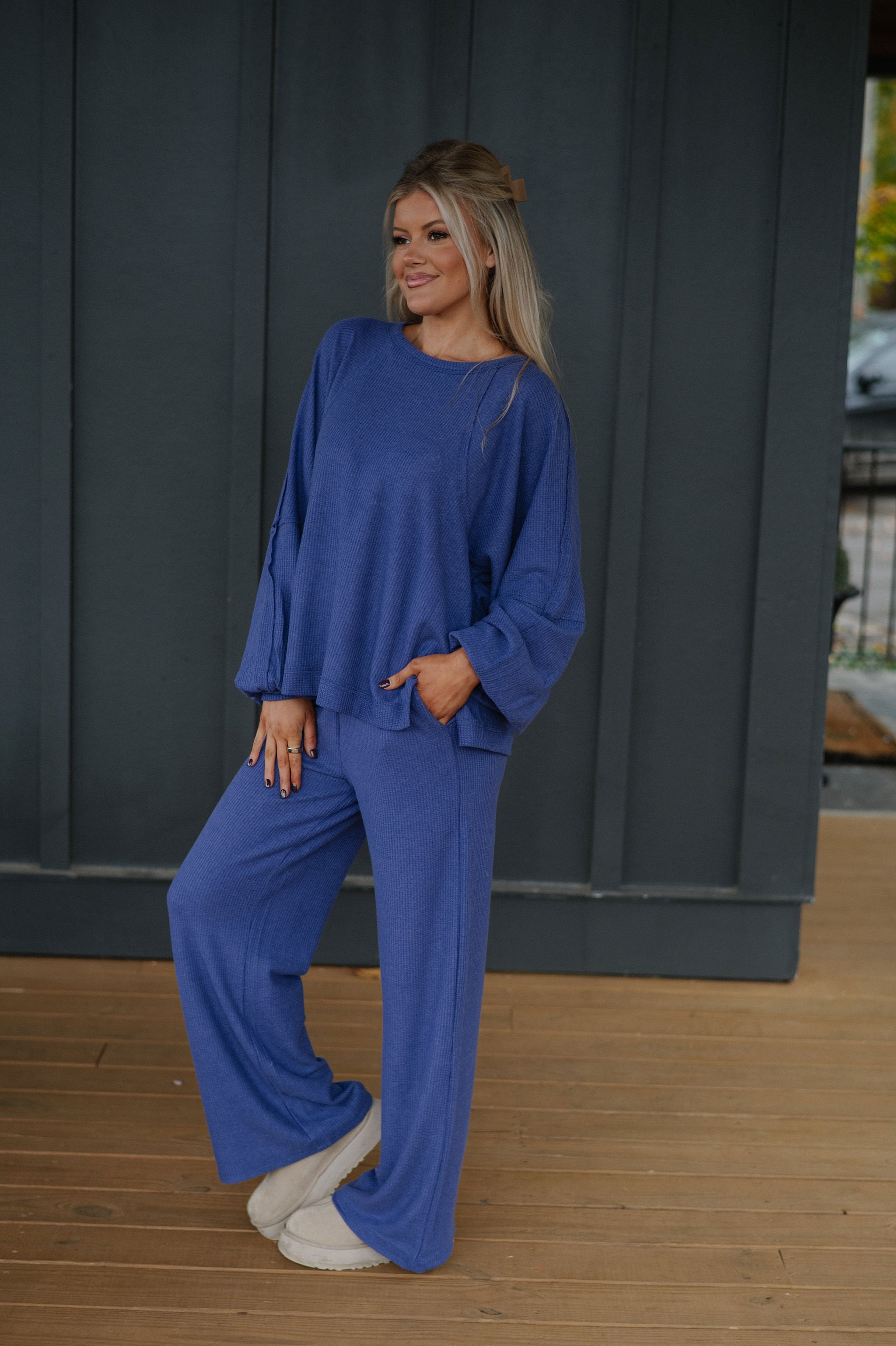 Brushed Waffle Knit Set-Dusty Indigo