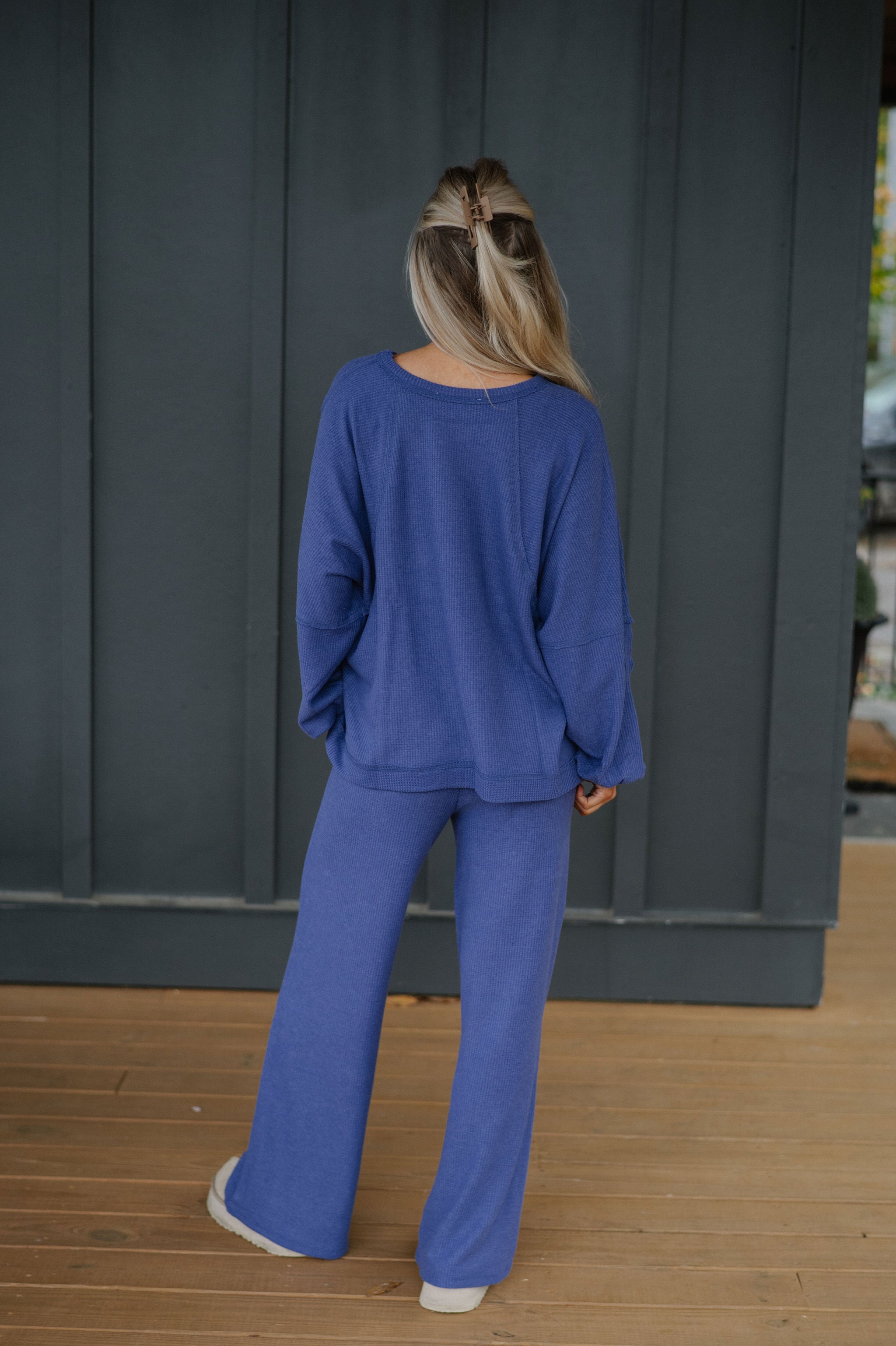 Brushed Waffle Knit Set-Dusty Indigo